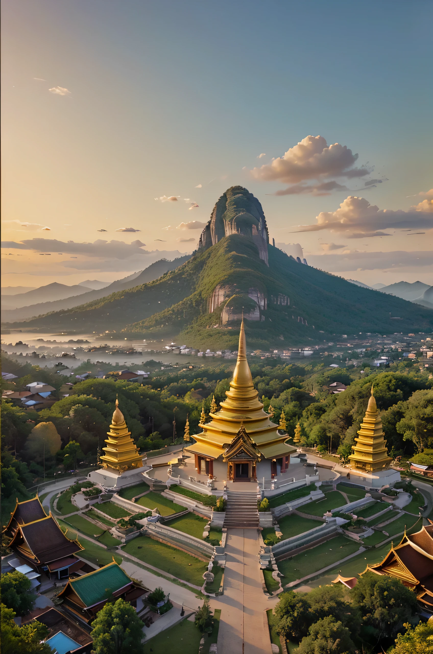 Create ((landscape view)) of local northern Thailand, golden Thai Temple on the mountain, golden light, ,(((panorama))),48K,3D, HD, masterpiece, extremely high quality.(panorama)