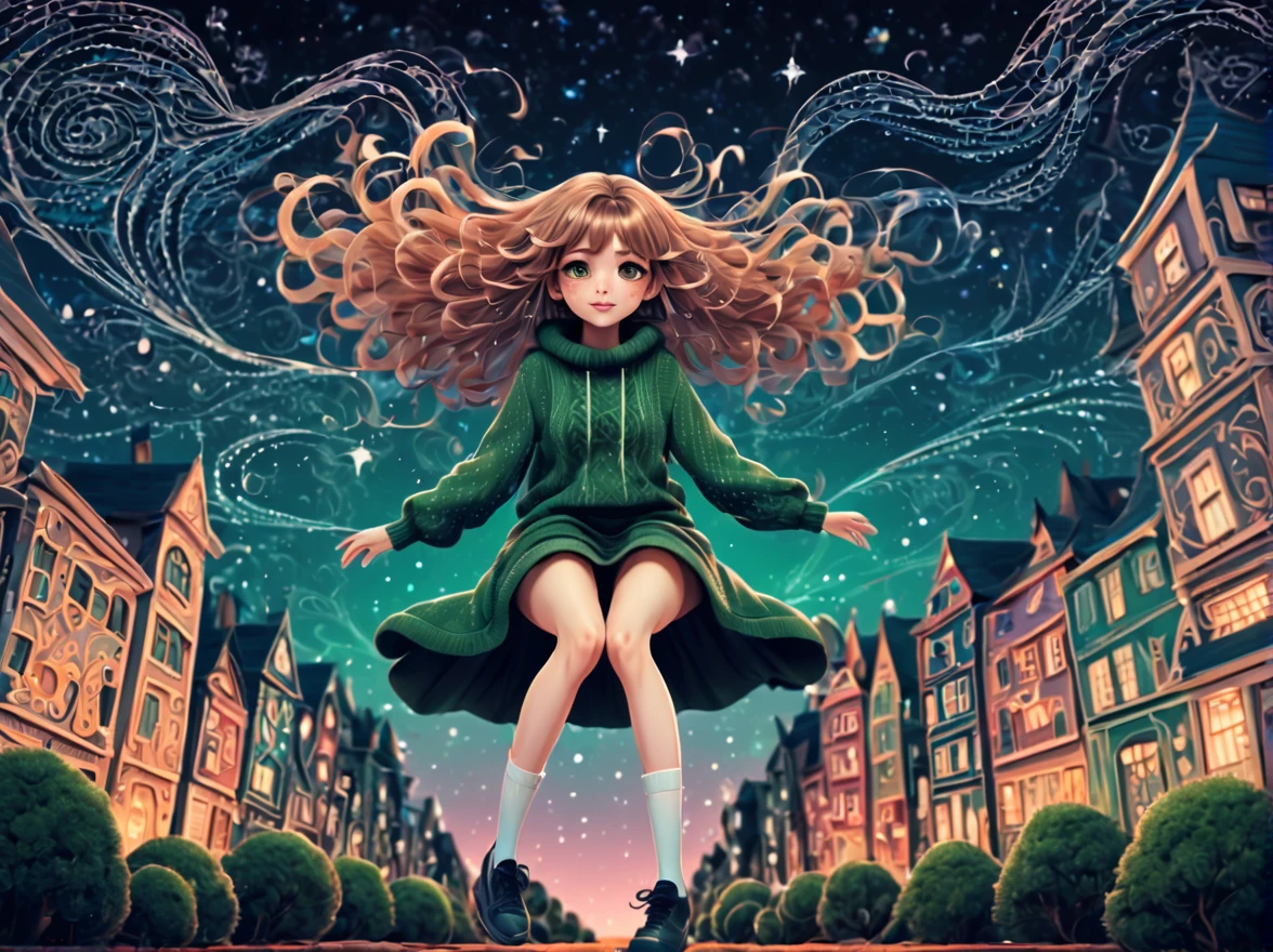 (best quality, highres, ultra sharp), (magical cute girl:1.2). with (exaggerated hair, huge fluffy hair, expanded hair, exagerated voluminous hair, small freckles, green sweater with small dots, details, horsehair, fluffy, socks, magic background, cute art deco buildings, flowing lines, clean and crisp outlines, zentangle hair style, zentangle, starry sky, 3d crunch, cinematic, full body with long legs, from head to shoes, multiple sides view, split image in 2 parts,photo colage in 2 parts,