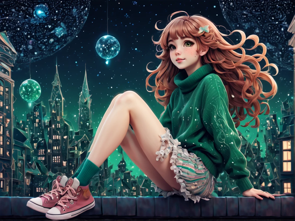 (best quality, highres, ultra sharp), (magical cute girl:1.2). with (exaggerated hair, huge fluffy hair, expanded hair, exagerated voluminous hair, small freckles, green sweater with small dots, details, horsehair, fluffy, socks, magic background, cute art deco buildings, flowing lines, clean and crisp outlines, zentangle hair style, zentangle, starry sky, 3d crunch, cinematic, full body with long legs, from head to shoes, multiple sides view,