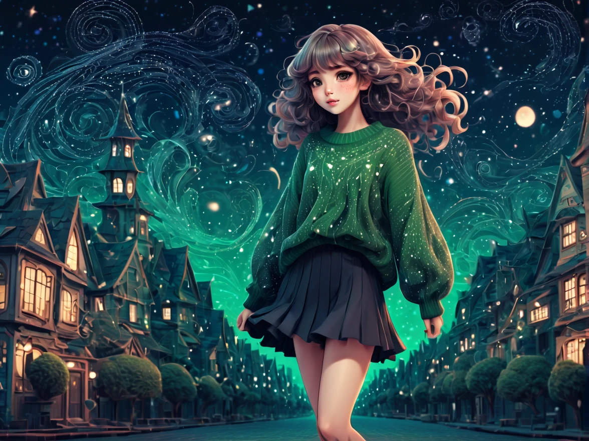 (best quality, highres, ultra sharp), (magical cute girl:1.2). with (exaggerated hair, huge fluffy hair, expanded hair, exagerated voluminous hair, small freckles, green sweater with small dots, details, horsehair, fluffy, socks, magic background, cute art deco buildings, flowing lines, clean and crisp outlines, zentangle hair style, zentangle, starry sky, 3d crunch, cinematic, full body with long legs, from head to shoes, multiple sides view,