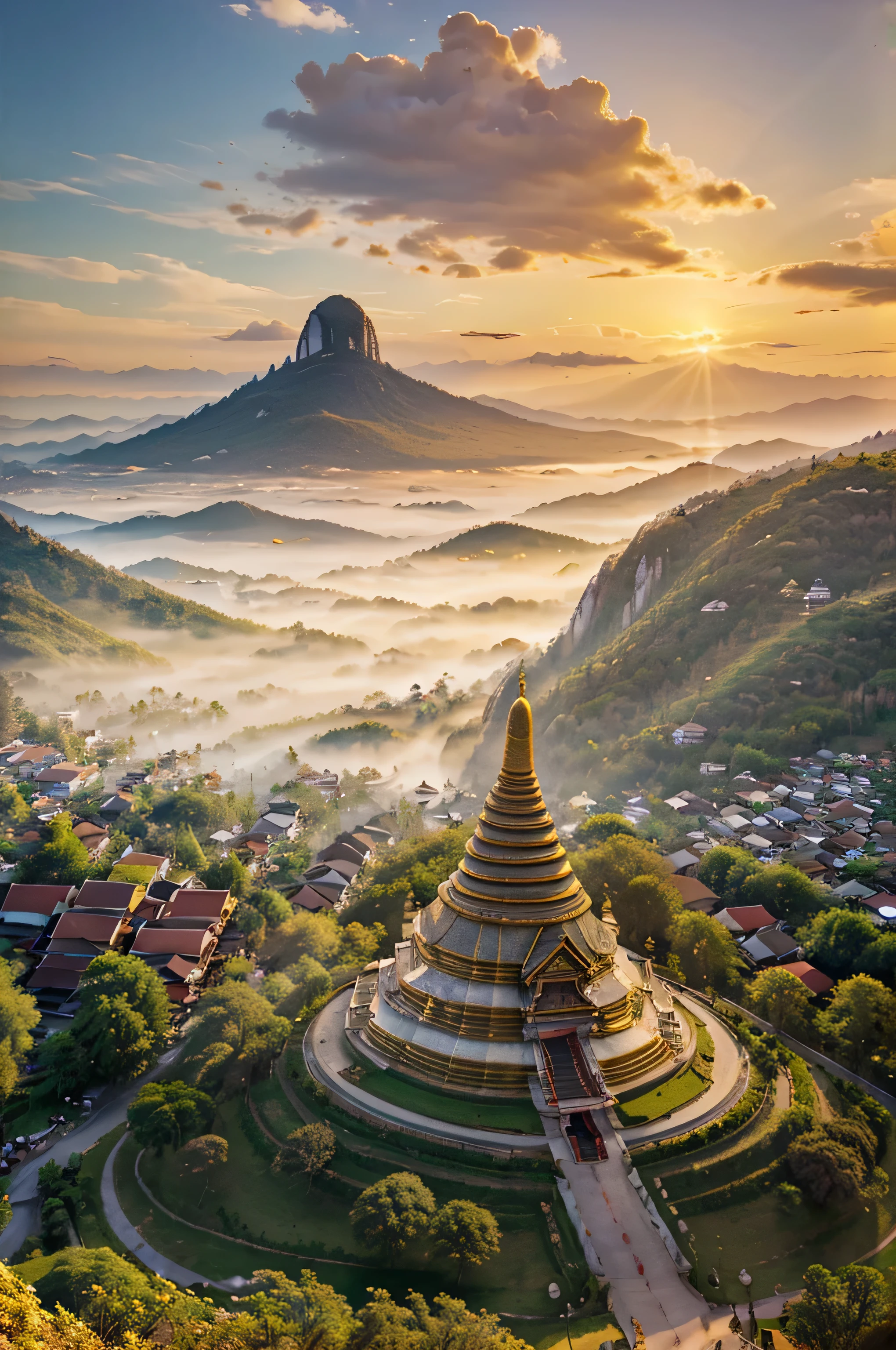 Create ((landscape view)) of local northern Thailand, golden Thai Temple on the mountain, golden light, ,(((panorama))),48K,3D, HD, masterpiece, extremely high quality.(panorama)