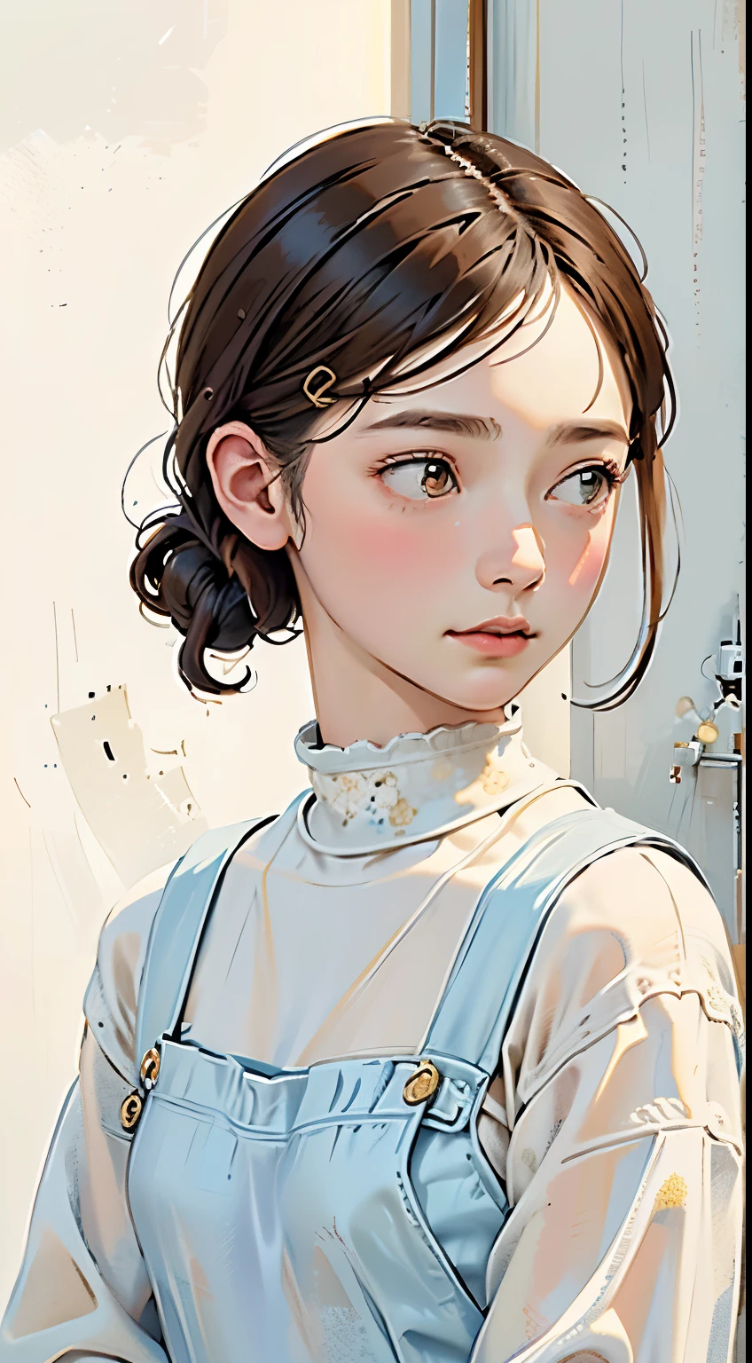 (((simple composition)))、(((The background is a white wall:1.2)))、one girl、perfect anatomy、painterly、sketch、very delicate、wall with cloud-like pattern、、Floral、delicate depiction、Abstract、overall light color、gentle color、Taisho romance、(masterpiece、highest quality、highest quality、official art、beautiful beautiful:1.2)、