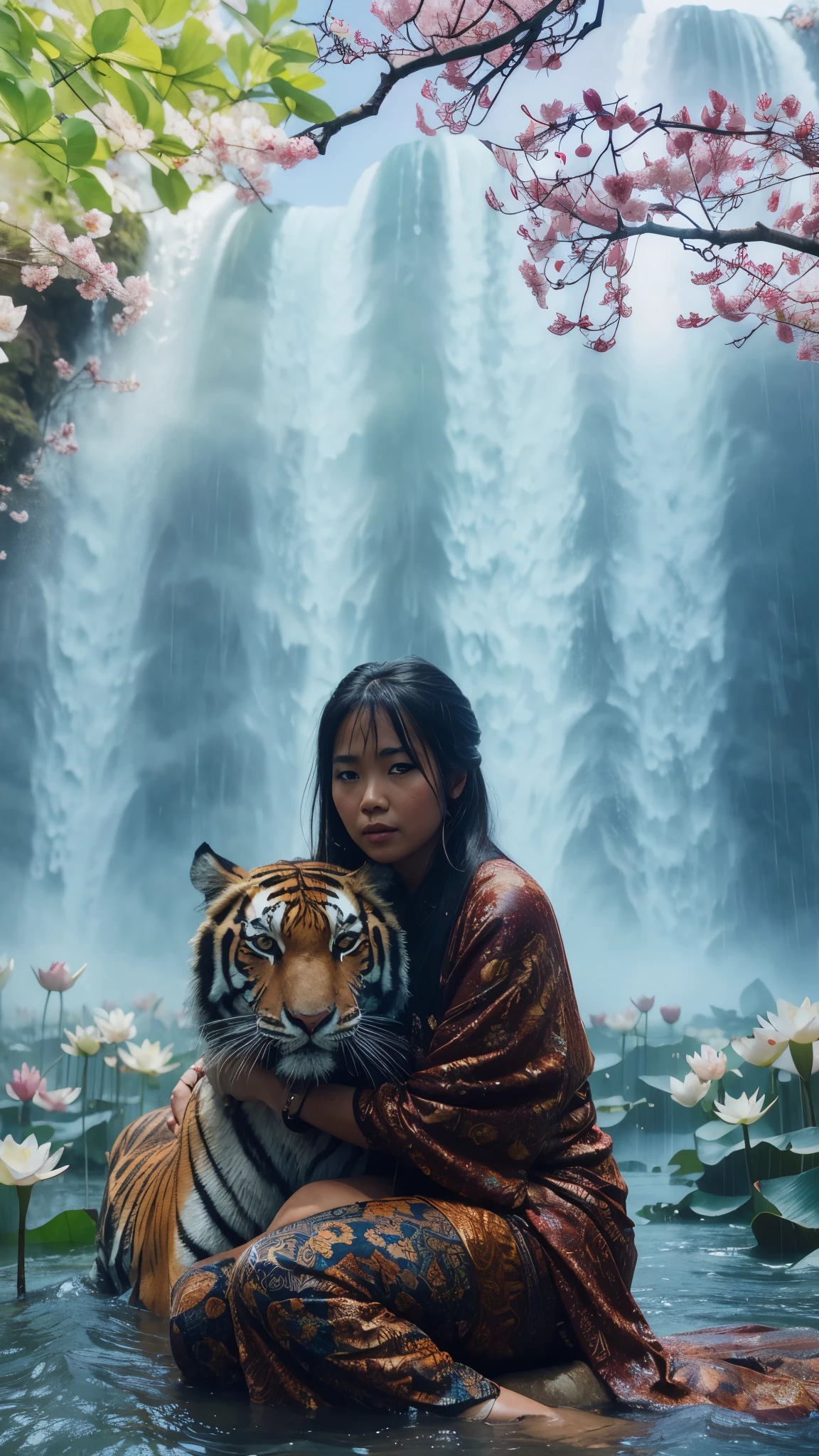 Indonesia woman, plump, on the river, with tiger, cherry blossoms, lotus, waterfall