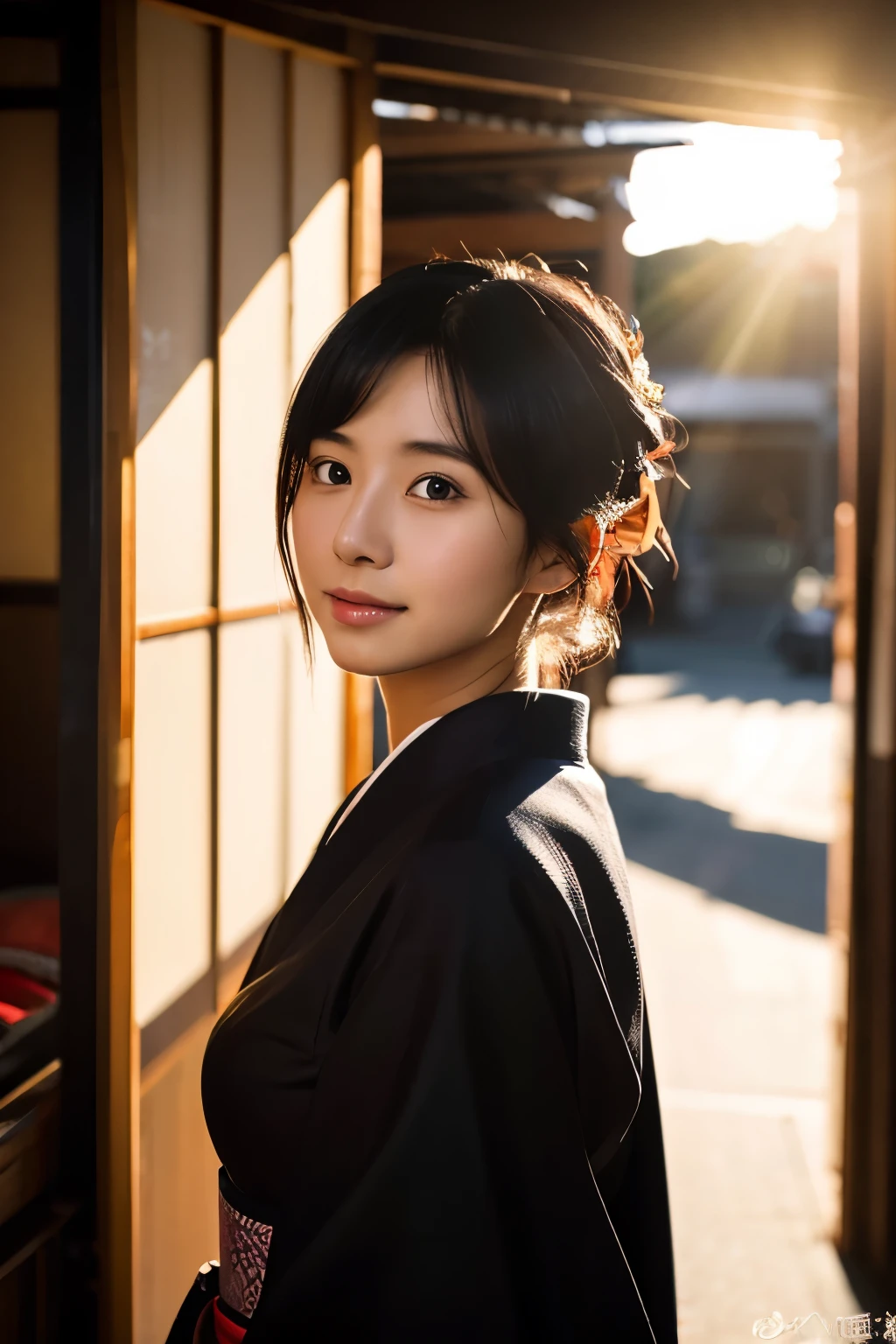 20-year-old Japanese supermodel girl,black hair,Ukiyo-e kimono,japanese road background,a ray of light,beautiful facial lighting,Big deal,Photographed by Yui Aragaki,6 o'clock'bell'bell