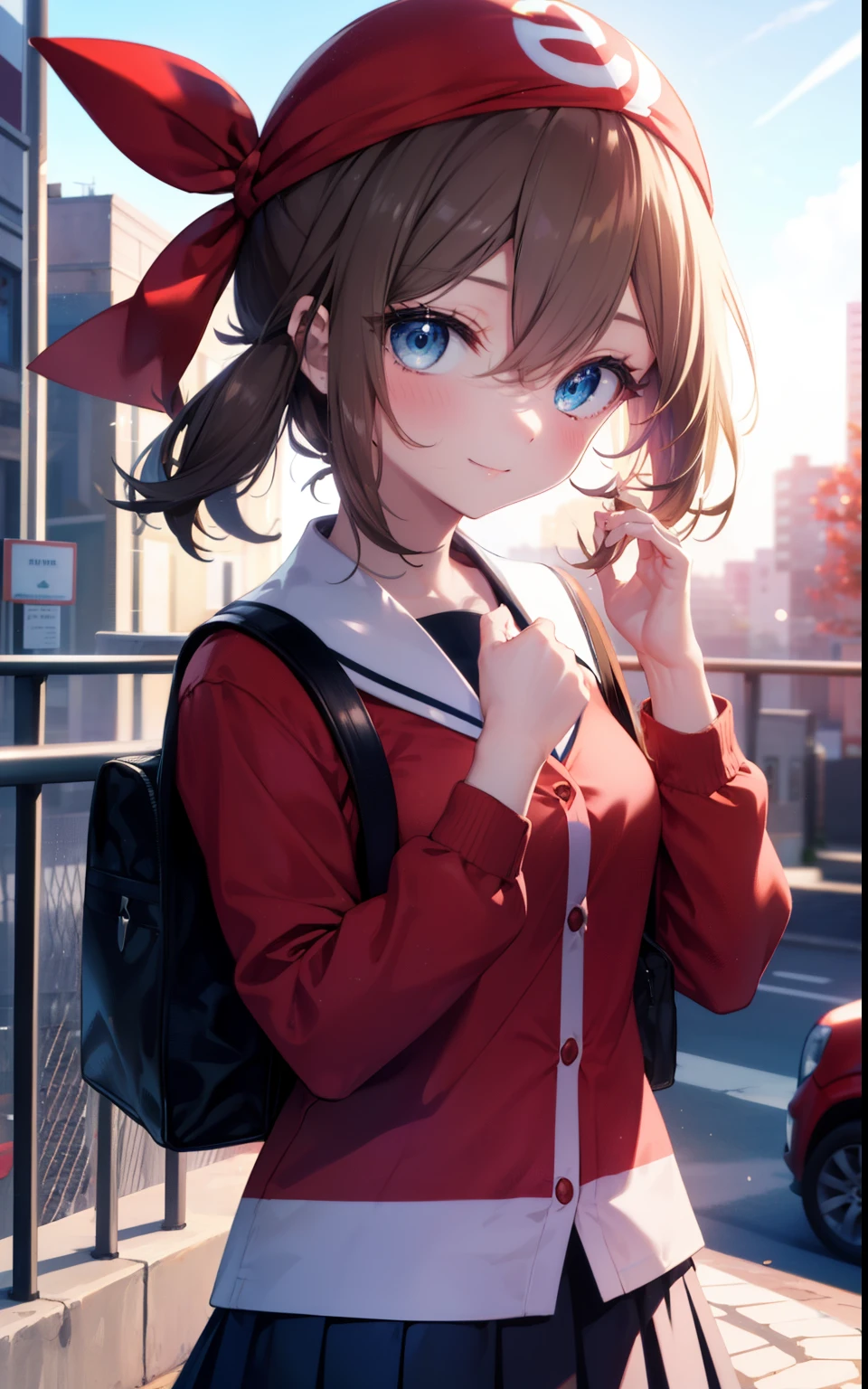 Pokemon May, Pokemon May, blue eyes, brown hair, bandana, long hair, Headband shirt intail with red ribbon, hair between eyes, (small breasts:1.2),blush,smile,japanese high school girl uniform(white sailor summer clothes),red summer cardigan,pleated skirt,student bag,black pantyhose,brown loafers,
break looking at viewer, Upper body, whole body,
break outdoors, city, null, sun,
break (masterpiece:1.2), highest quality, High resolution, unity 8k wallpaper, (figure:0.8), (detailed and beautiful eyes:1.6), highly detailed face, perfect lighting, Very detailed CG, (perfect hands, perfect anatomy),