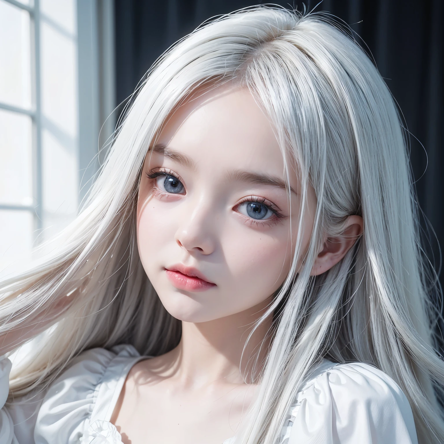 highest quality、masterpiece、(realistic:1.2), (((3-year-old, , Very cute and baby-like face)))、super long straight hair、white hair color, bangs between the eyes、white skin、glowing skin、 puff sleeve princess dress、cottage core、 frontage、detailed face、so beautiful、Sparkling vivid Violet eyes、(bright look:1.1)、 Winter Vivid and sharp focus、(((flat chest))), looking at the viewer,