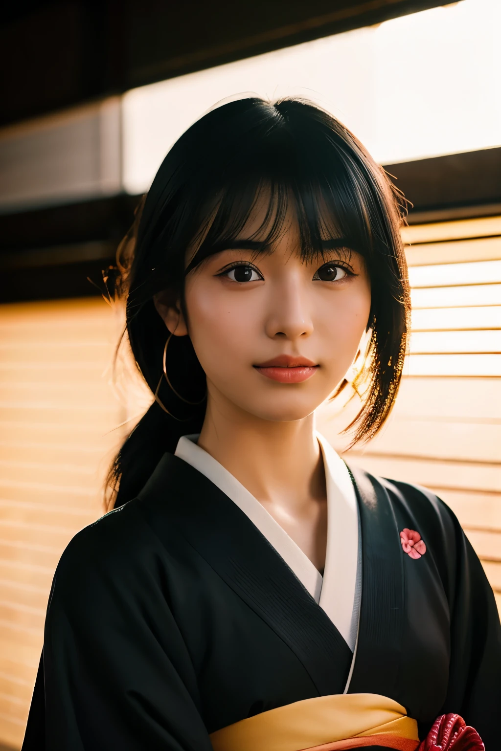 20-year-old Japanese supermodel girl,black hair,Ukiyo-e kimono,japanese road background,a ray of light,beautiful facial lighting,Big deal,Photographed by Yui Aragaki,6 o'clock'bell'bell