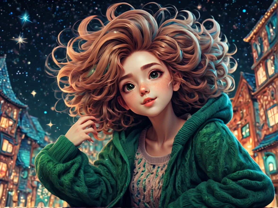 (best quality, highres, ultra sharp), (magical cute girl:1.2). with (((exaggerated hair, huge fluffy hair, expanded hair, exagerated voluminous hair))), small freckles, green sweater with small dots, details, horsehair, fluffy, socks, magic background, cute art deco buildings, flowing lines, clean and crisp outlines, zentangle hair style, zentangle, starry sky, 3d crunch, cinematic, full body with long legs, from head to shoes, multiple sides view, split image in 2 parts,