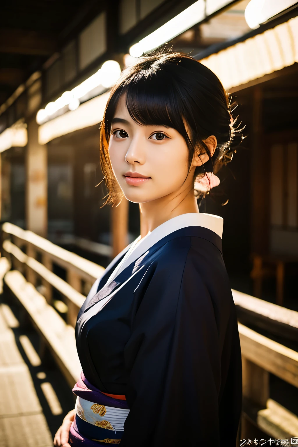 20-year-old Japanese supermodel girl，black hair，Ukiyo-e kimono，japanese road background，a ray of light，beautiful facial lighting，Big deal，Photographed by Yui Aragaki，6 o&#39;clock&#39;bell&#39;bell