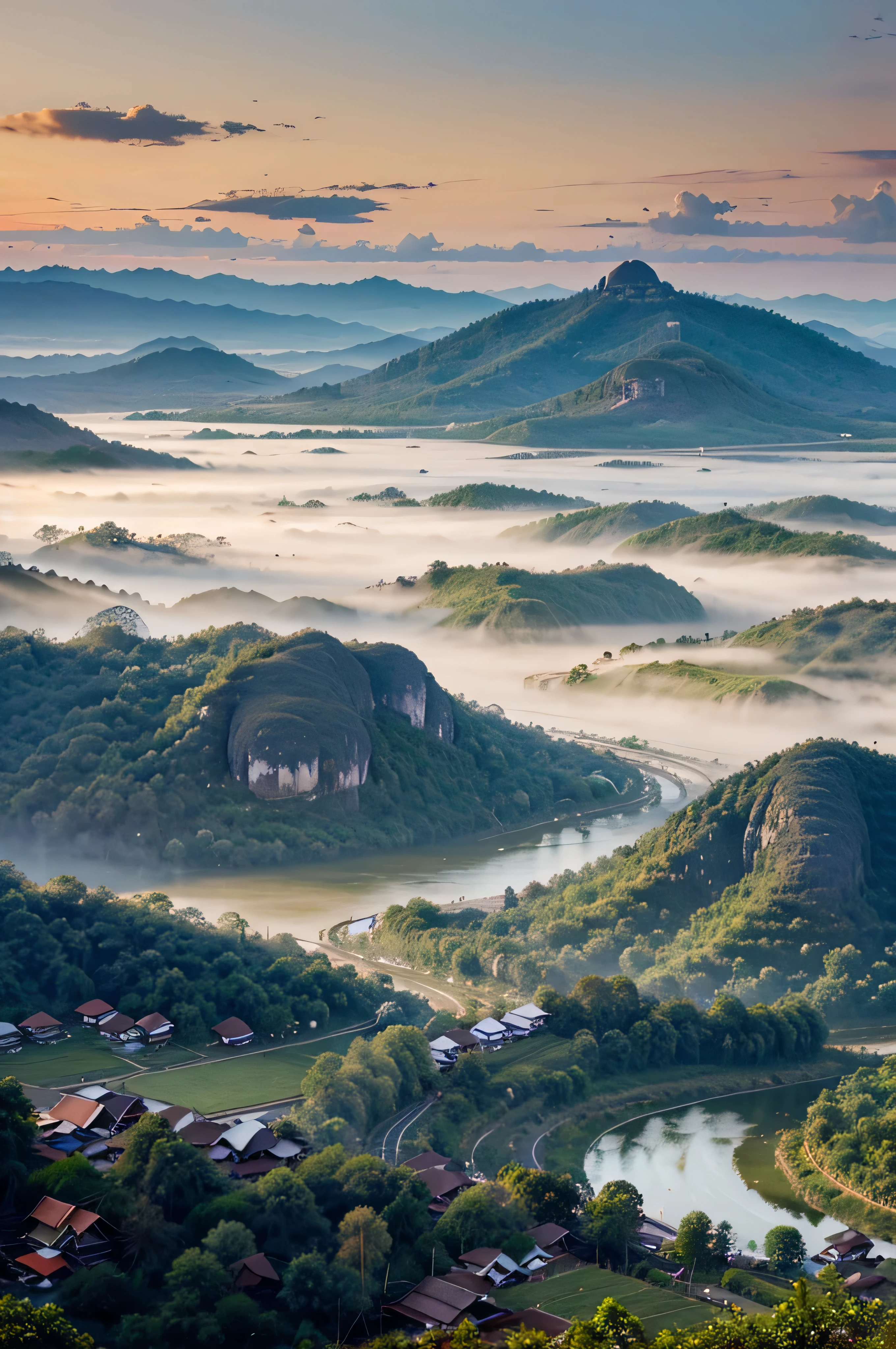 create landscape view of local north Thailand,panorama,48K serene expression, HD, masterpiece, extremely high quality