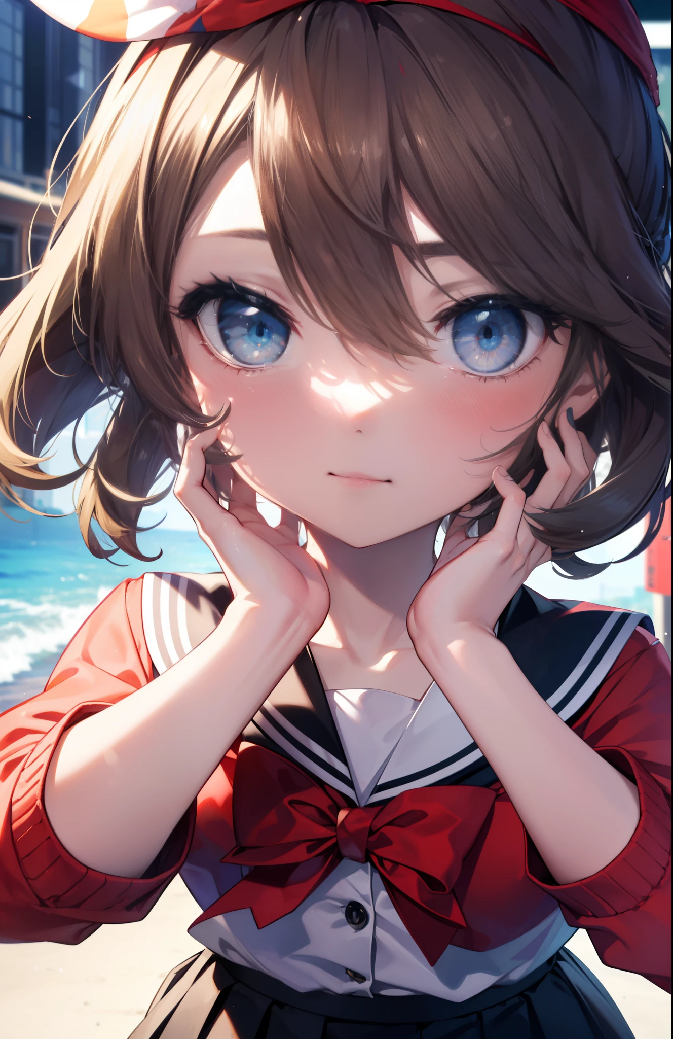 Pokemon May, Pokemon May, blue eyes, brown hair, bandana, long hair, Headband shirt intail with red ribbon, hair between eyes, (small breasts:1.2),blush,smile,japanese high school girl uniform(white sailor summer clothes),red summer cardigan,pleated skirt,student bag,black pantyhose,brown loafers,
break looking at viewer, Upper body, whole body,
break outdoors, city, null, sun,
break (masterpiece:1.2), highest quality, High resolution, unity 8k wallpaper, (figure:0.8), (detailed and beautiful eyes:1.6), highly detailed face, perfect lighting, Very detailed CG, (perfect hands, perfect anatomy),