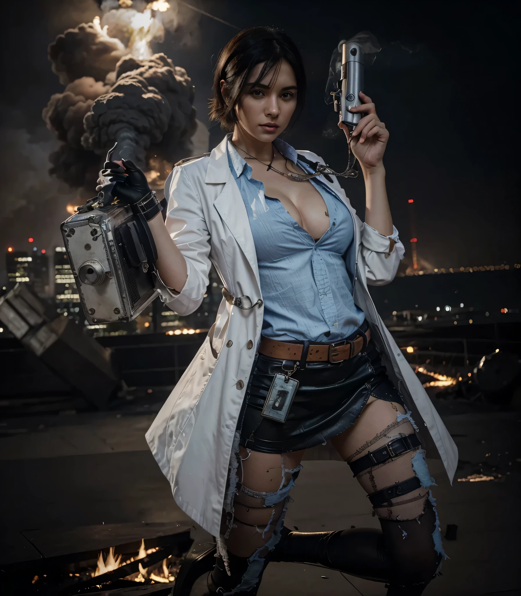 hermoso woman doctor, Cara inglesa, ojos azules, labios gruesos, pelo negro muy corto, peinado estilo militar, piel blanca, ropa de doctor, camisa azul claro, bata blanca de doctor, black leather belt, ID card hanging on your belt, minifalda negra, she carries a metal doctor&#39;s bag, en la otra mano sostiene un arma, she is in a completely destroyed modern city, Fuego y mucho humo, ultra Realista, ultra detallado, hyper Realista, 4k, ultra detallado image, Realista, muy detallado, perfect composition, hermoso, intrincadamente detallado, incredibly detailed, 8k art photography, hiper detallado, ultra Realista Obra maestra, ultra detallado, hyper Realista, 4k, ultra detallado image, Realista, muy detallado, perfect composition, hermoso, intrincadamente detallado, incredibly detailed, 8k art photography, hiper detallado, Obra maestra
