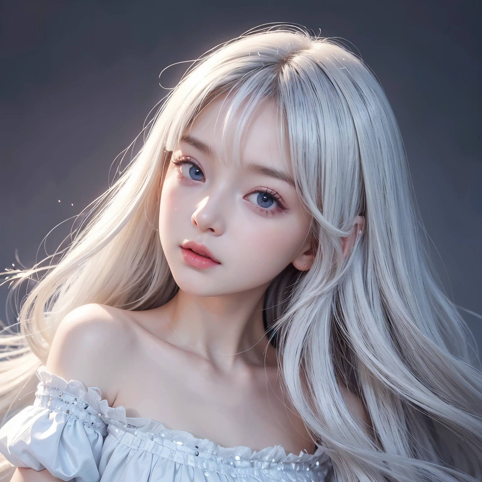 highest quality、masterpiece、(realistic:1.2), (((3-year-old, , Very cute and baby-like face)))、super long straight hair、white hair color, bangs between the eyes、white skin、glowing skin、 puff sleeve princess dress、cottage core、 frontage、detailed face、so beautiful、Sparkling vivid Violet eyes、(bright look:1.1)、 Winter Vivid and sharp focus、(((flat chest))), looking at the viewer,