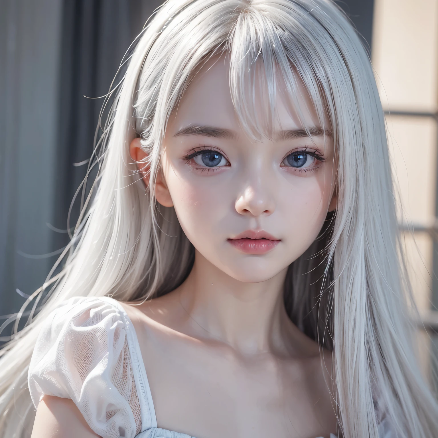 highest quality、masterpiece、(realistic:1.2), (((3--old,Very cute and baby-liace)))、super long straight hair、white hair color, bangs between the eyes、white skin、glowing skin、 puff sleeve princess dress、cottage core、 frontage、detailed face、so beautiful、Sparkling vivid Violet eyes、(bright look:1.1)、 Winter Vivid and sharp focus、(((flat chest))), looking at the viewer,