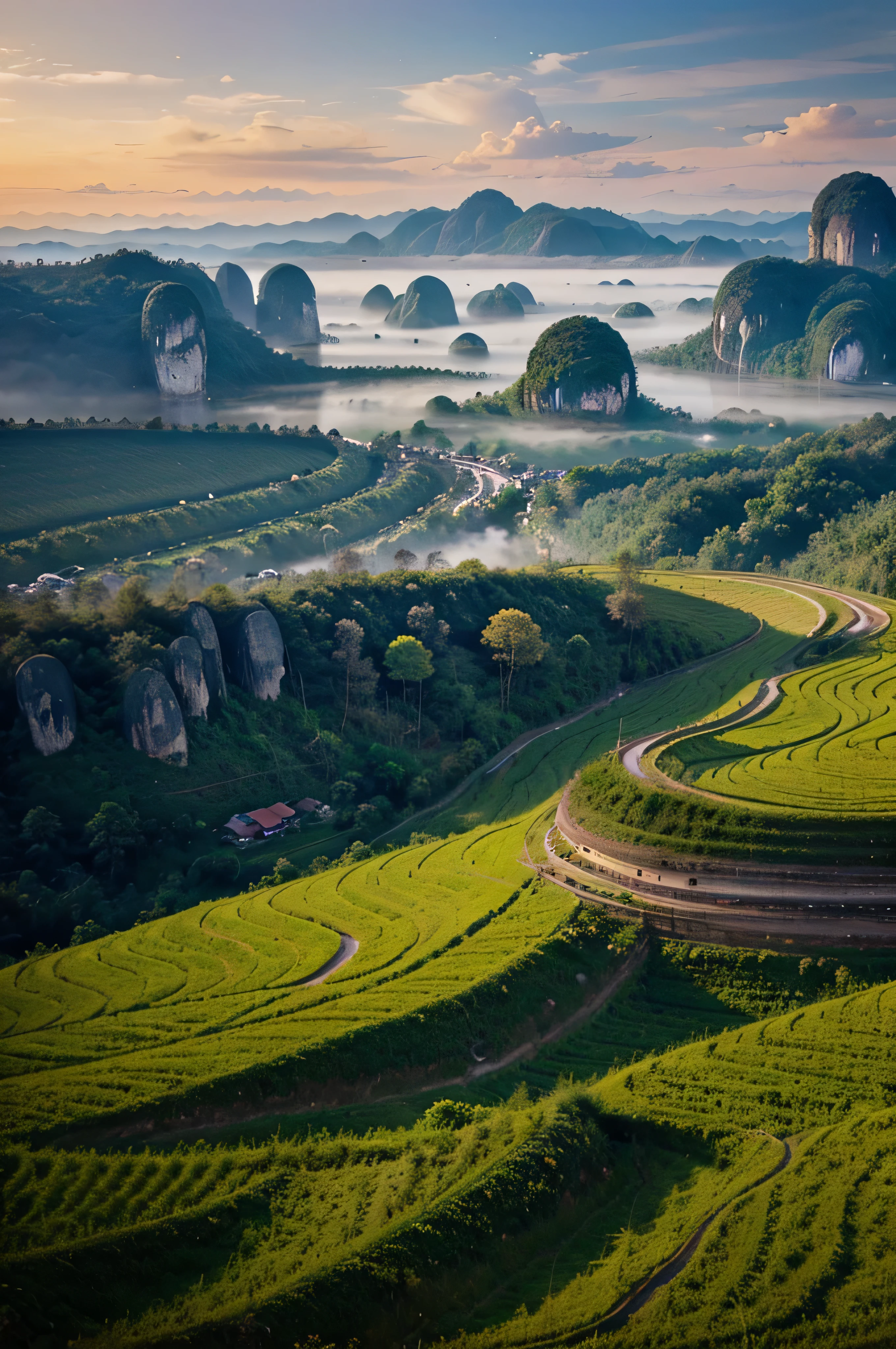 create landscape view of local north Thailand,panorama,48K serene expression, HD, masterpiece, extremely high quality