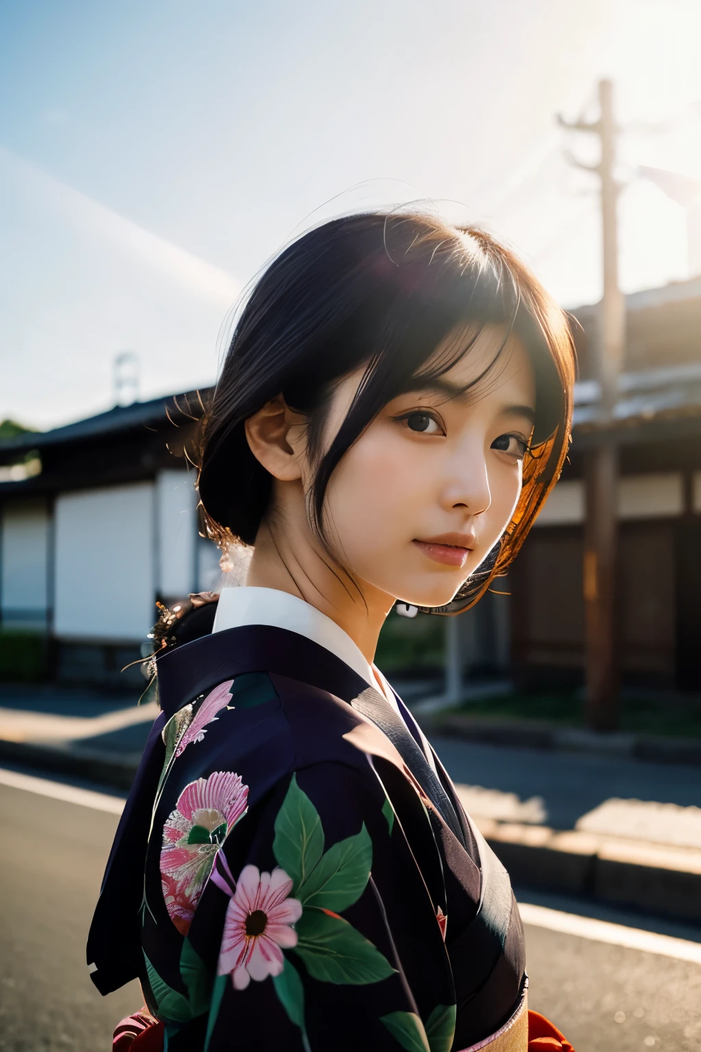 20-year-old Japanese supermodel girl,black hair,Ukiyo-e kimono,japanese road background,a ray of light,beautiful facial lighting,Big deal,Photographed by Yui Aragaki,6 o'clock'bell'bell