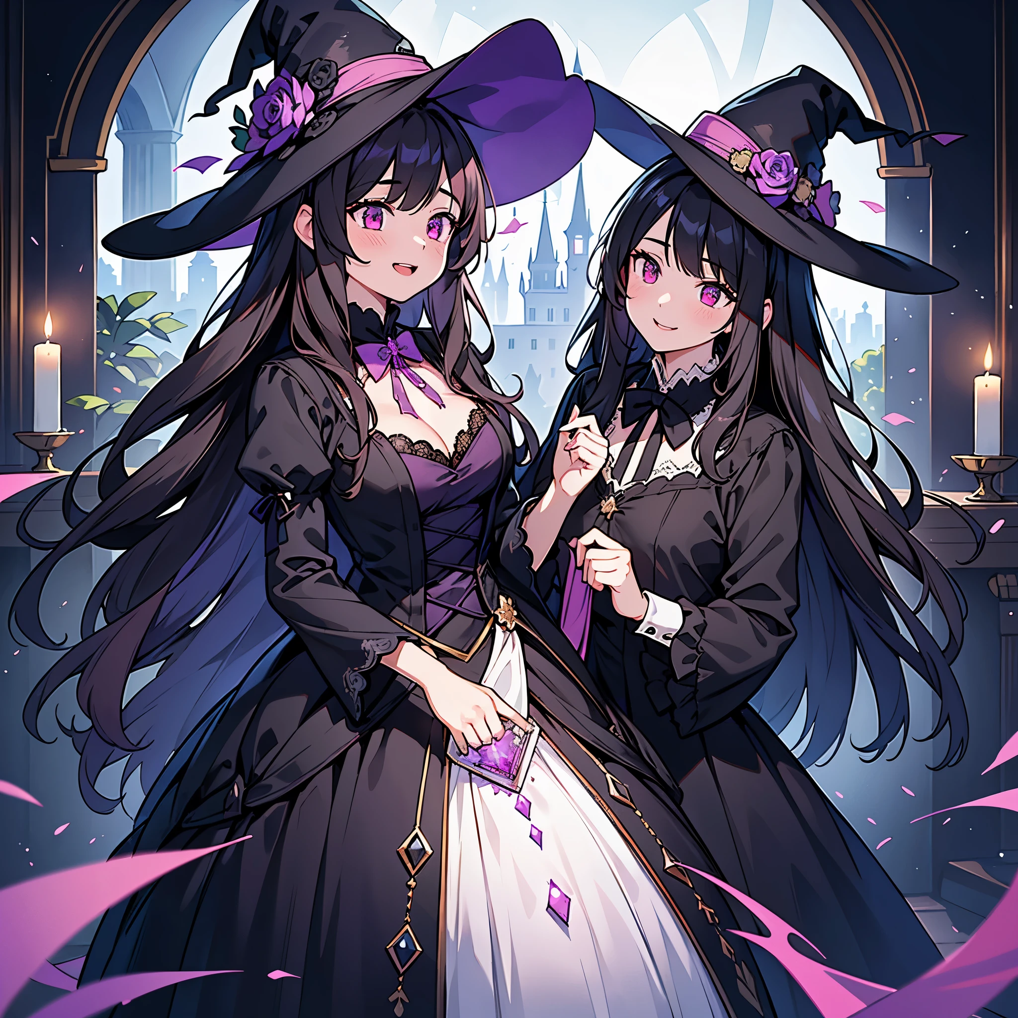 (best quality,4k,8k,highres,masterpiece:1.2),ultra-detailed,(realistic,photorealistic,photo-realistic:1.37), a teenage boy joins a witch coven and he’s given the gift of femininity, he gets magically transformed into a cute teenage witch girl, sex change ritual, pink eyes, long black hair, is happy, witches are helping dressing up the new girl, she’s happily getting dressed in a stunning black victorian dress, gorgeous dress design,flowing gown,elaborate lace details,rich textures,contrast stitching,delicate ribbon bows,floral accents,full skirt,high neckline,long sleeves,fitted waistline,flared cuffs,lace-up back,luxurious fabrics,flawless silhouette,high heels,pointy hat, magical transformation, detailed facial features, glowing and vibrant pink eyes, flowing and glossy long black hair, happy and excited expression, joyful and radiant vibe, embrace her new identity has a maiden of witchcraft, eager to learn magic, surrounded by a mystical aura, spell books and potions in the background, inside an abandoned castle, moonlit night with a full moon shining above, soft and ethereal lighting, a group of friendly witches welcoming the new girl into the coven, joyful celebration, witches assisting in dressing up the new girl,promptly helps the new girl getting dressed in a stunning black Victorian dress, feminine and elegant movements, a cauldron overflowing with sparkles and magical essence, black and purple hues dominating the color palette, whimsical and enchanting atmosphere, breathtaking and bewitching nature, a sense of empowerment and self-discovery.