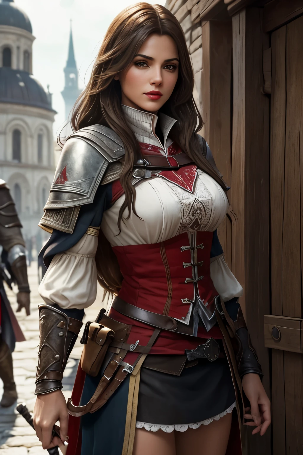 La mujer, Стиль Assassin's Creed, ropa corta, poca ropa, botas hasta la rodilla, Pulseras en las piernas, Ciudad medieval al fondo, Renacimiento, muy detallado, Realistic long-term photography., 4k, pelo largo, brown hair, By the chestnut, labios rojos, red lips, brown eyes, big , breasts, pechos grandes