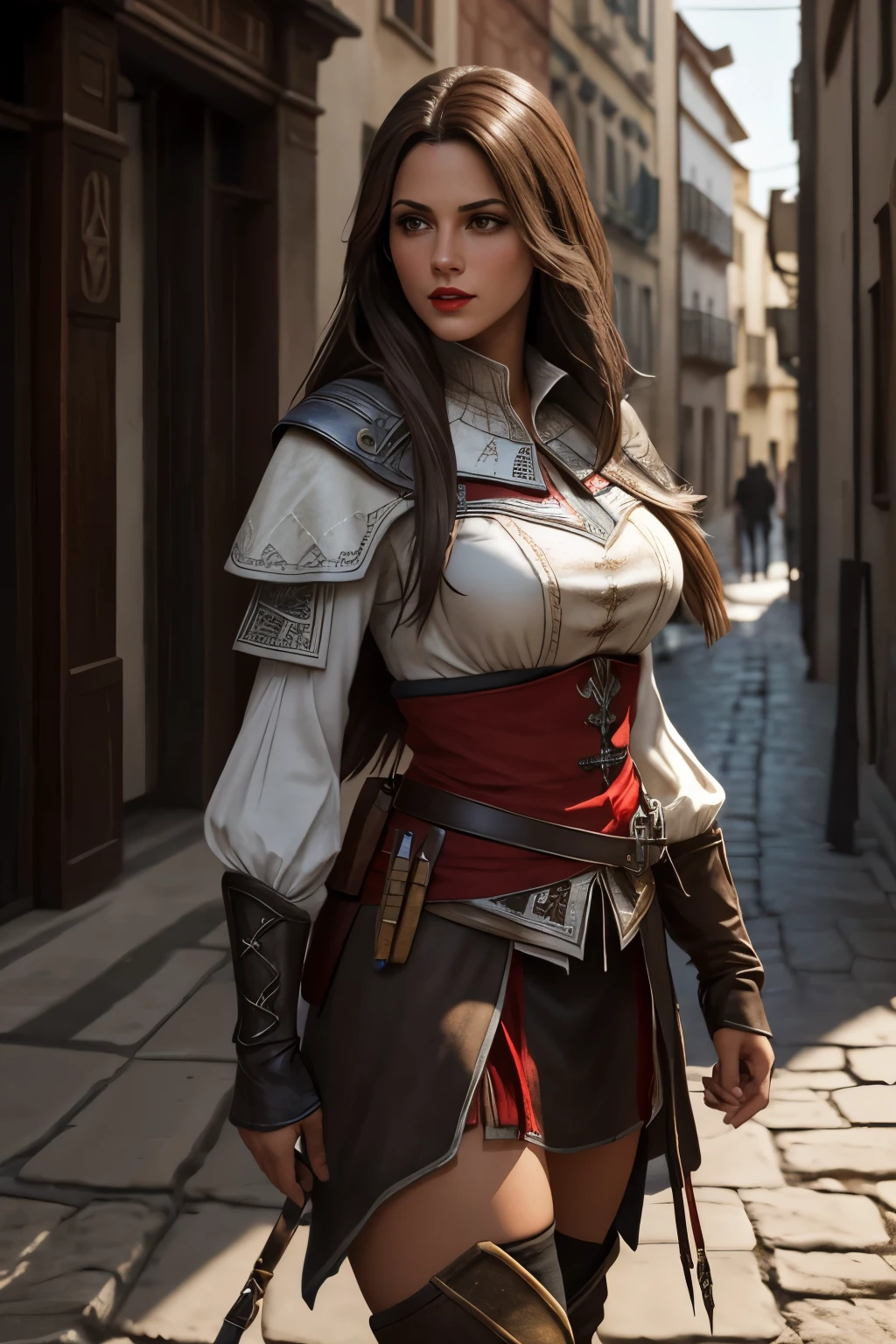 La mujer, Стиль Assassin's Creed, ropa corta, poca ropa, botas hasta la rodilla, Pulseras en las piernas, Ciudad medieval al fondo, Renacimiento, muy detallado, Realistic long-term photography., 4k, pelo largo, brown hair, By the chestnut, labios rojos, red lips, brown eyes, big , breasts, pechos grandes