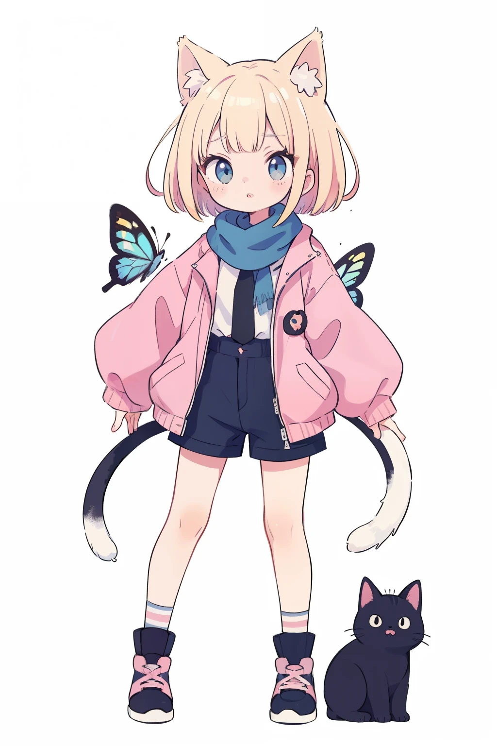 watercolor (moderately):1.35,splash of color,colorful,flat color,// whole body,white background,simple background,pink hair,1 girl,bangs,high quality,masterpiece,最high quality,(((onyx theme))),(perfect onyx),(1 girl),simple background,albino,[watercolor]、shining eyes、high school girl、small breasts、Cat ear、Clear blonde short hair、scarf、hot pants、oversized jacket、ninja、kunoichi、butterfly、