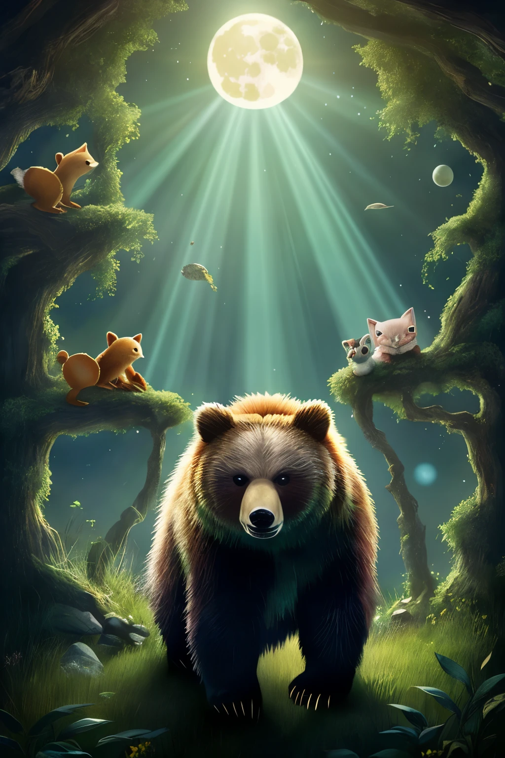 1. In the quiet forest, a curious bear stumbles upon a radiant moon shining brightly in the sky. 
2. Determined to embark on an exciting journey, the bear sets out to find the true location of the moon, guided by its captivating glow. 
3. Along the way, the bear encounters a delightful array of friends, including playful squirrels, mischievous foxes, and cheerful birds, all eager to join in the adventure. 
4. The bear and its newfound companions interact joyfully, sharing delicious food and engaging in playful games, as they continue their quest together. 
5. Eventually, they reach a serene and open meadow, where they pause to admire the moon, now suspended high above them. 
