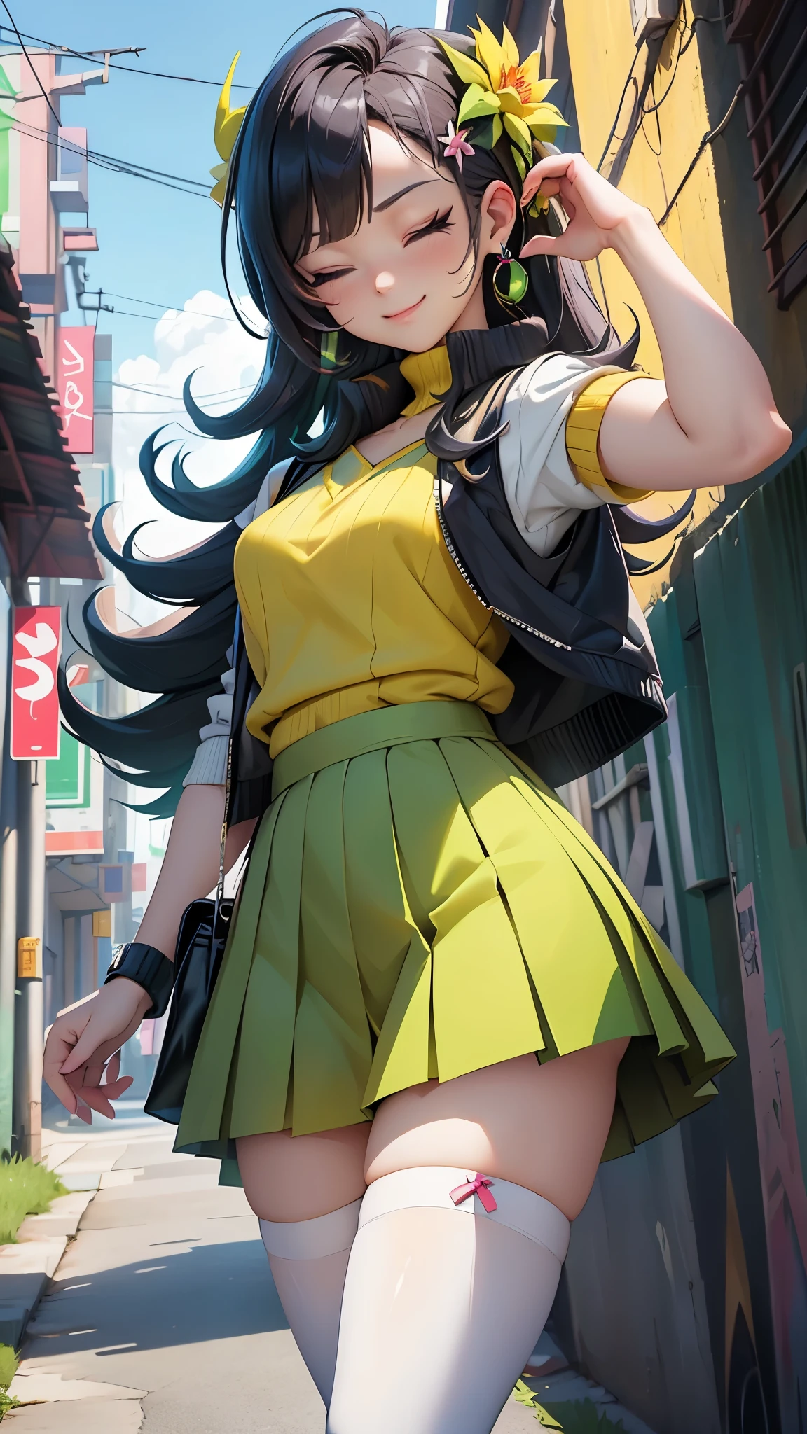 masterpiece, best quality, tlrmomo, hair flower, yellow sweater vest, white shirt, short sleeves, green skirt, black thighhighs, closed eyes, smile, hand to own chest, blue sky, trees, ,( ciberpunk 2.1), (dedos detailed ) 