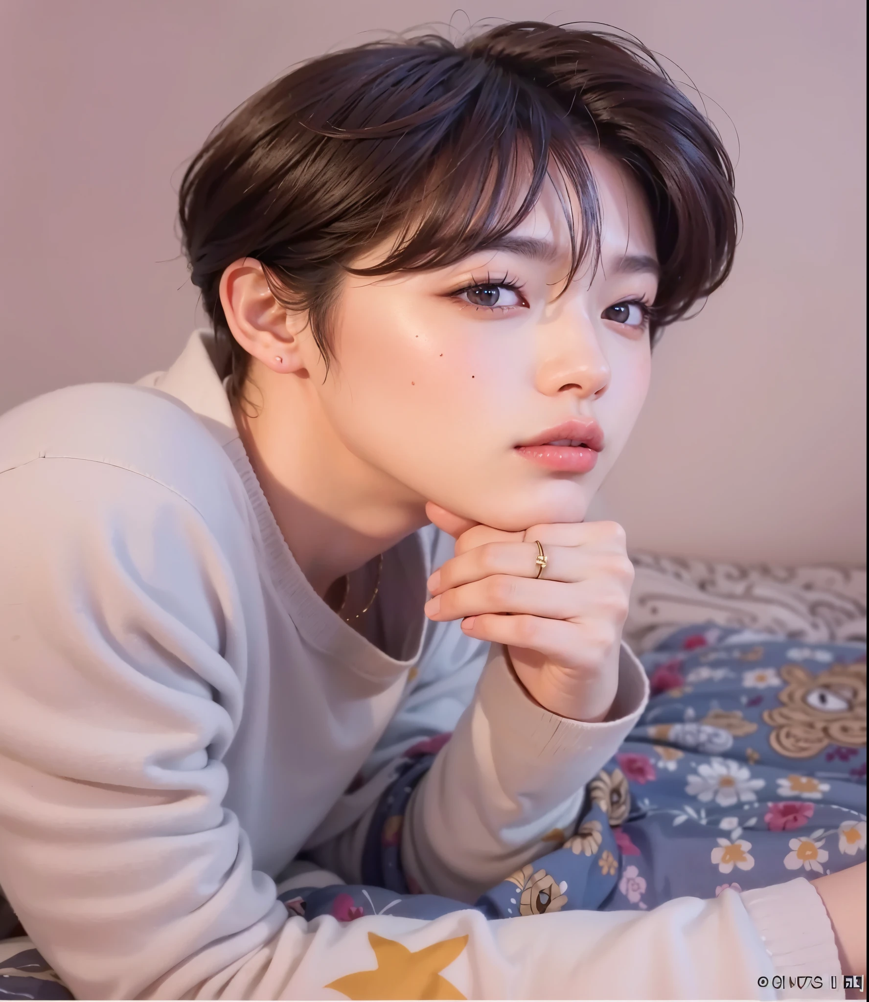 un primer plano de una persona acostada en una cama con un anillo en el dedo, Jung Jaehyun, park Jimin, Jimin\los labios carnosos, Jimin, Jimin\la nariz griega, accurate Jimin face, Jimin\his right eyelid is swollen, kim doyoung, kim taejin, foto de perfil en la cabeza, hyung tae, beautiful androgynous prince