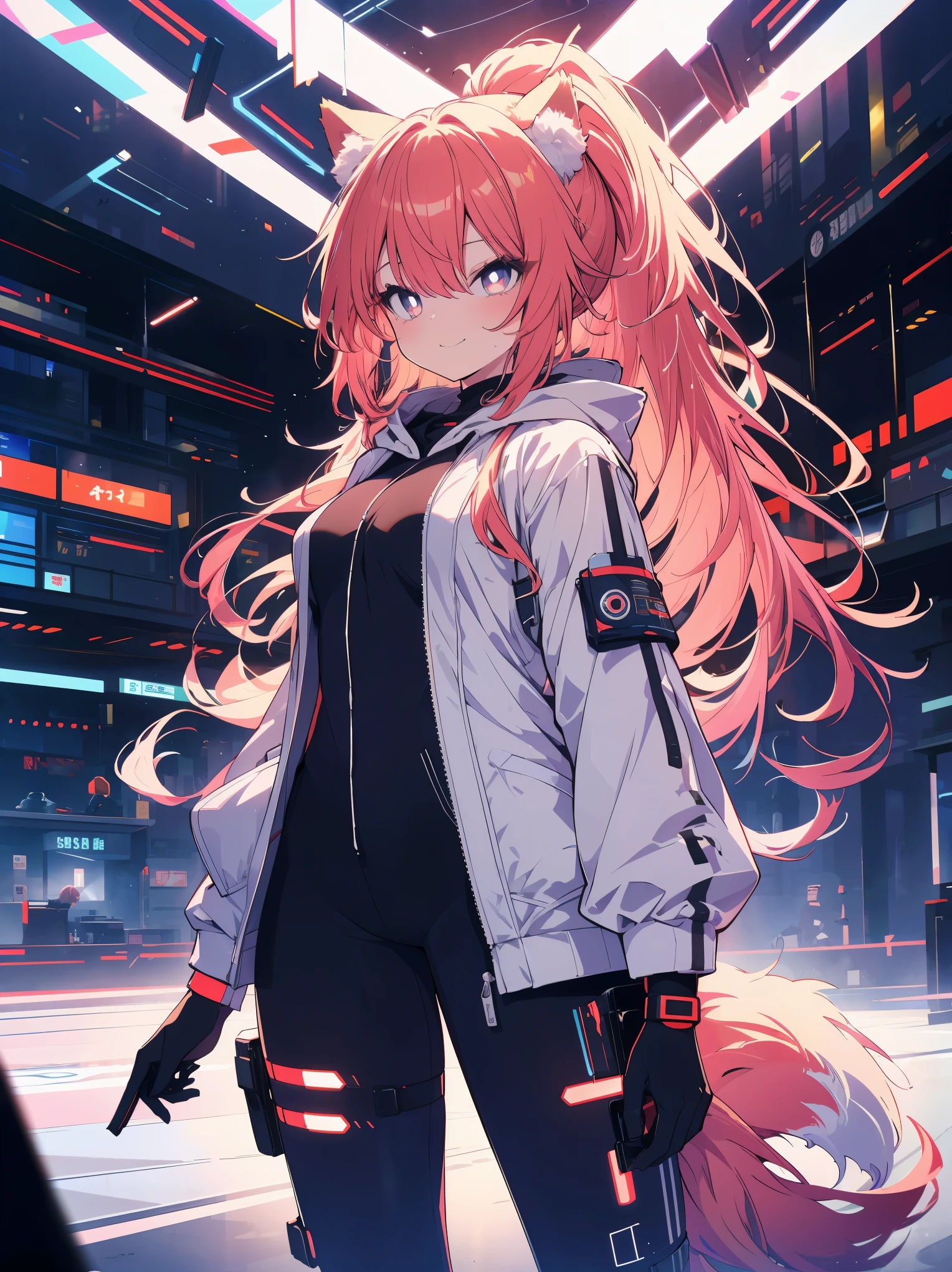 (cowboy shot), (best quality, ultra-high resolution, depth of field:1.2), beautiful face, (25 years old), (fox woman), purplish eyes, bright pupils, (medium breasts) (mischievous smile), (pastel red long hair), ponytail, animal ears, (fluffy wolf ears), (fluffy tail), (wearing a futuristic white jacket with the hoodie down:1.2), (wearing futuristic soggy pants:1.3), Japanese park scenery, night time, (multiple points of views)