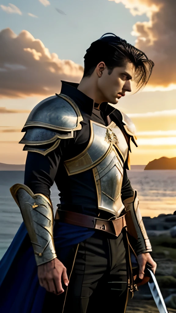 In a realm entirely foreign, the valiant hero of another world, with chiseled jawline and piercing blue eyes, stood tall against the backdrop of a fantastical sunset. His jet-black hair, cascading down to his broad shoulders, gleamed under the golden rays of the setting sun. He wore a tattered yet elegant armor, adorned with intricate designs, and clutched a mighty sword, its blade reflecting the last remnants of daylight. The hero's steely gaze fixed upon the horizon, where an ominous cloud loomed, portending an impending battle.

(Best quality, masterpiece:1.4), (realism