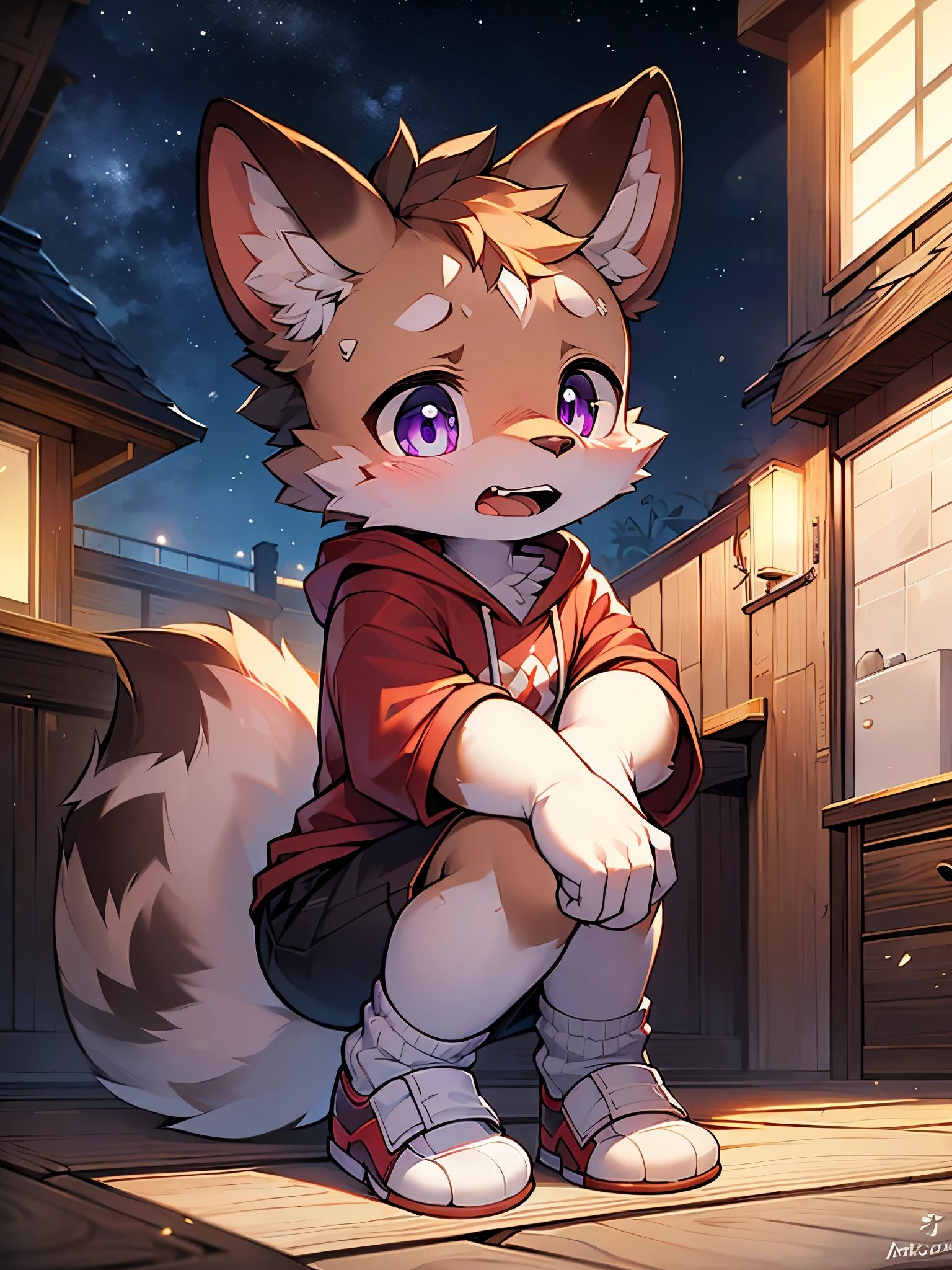 Civet cat, little boy, cute, ((with brown and white fur)), big purple eyes, red hoodie, off white shoes, brown shorts, (((white football socks))), surprised expression, (opening mouth), crouch, ((two hands on knees)), looking up at you, looking down from above, with a blush on the face, night, rooftop, beautiful starry sky, octane rendering, master's masterpiece, fine body portrayal, accurate hand portrayal, accurate detail portrayal, 4K ultra clear