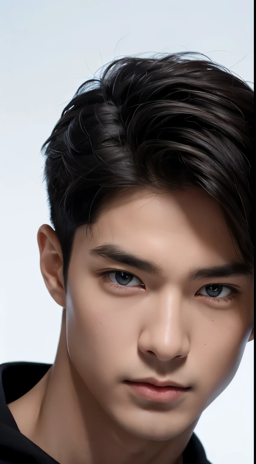 looking at viewer, front pose, frontal view, frontal face, front face, upper body, (incredibly absurdres, an extremely delicate and beautiful, hyper detailed, HD, 8K, detail design, hyper real, photograph), frontal face, frontal pose, complete frontal shot, frontal face, (Japanese Man), he has cool face, straight nose, hyper realistic, white shirt, frontal STANDING POSE, white background, 25 yo, muscular, short hair, upper body, bloom, flat lighting, high brightness, looking up, actor, straight at the camera, His face and body face straight ahead.