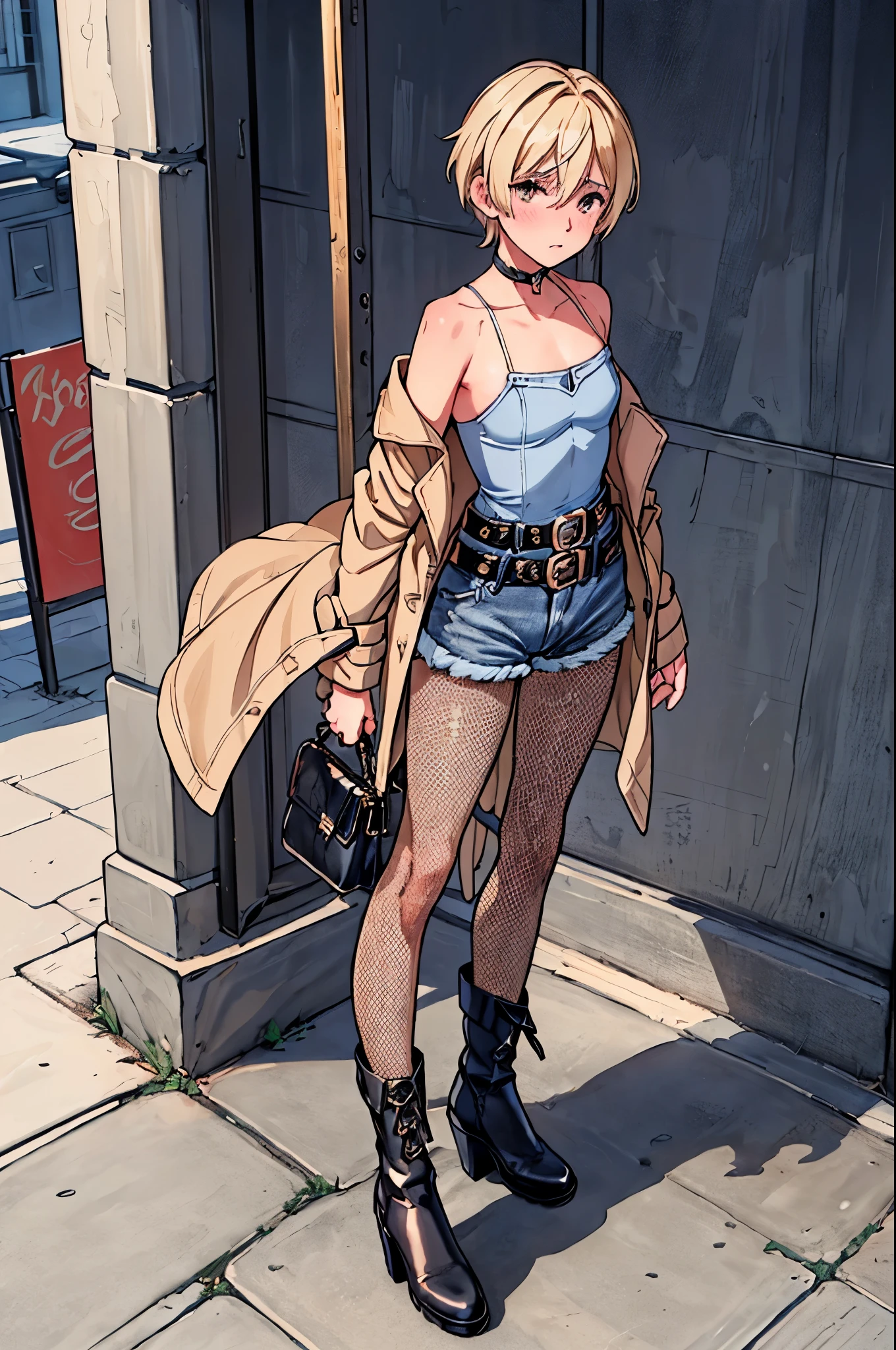 best quality,ultra-detailed,((background:outside street1,8)),(walk in the street),(cowboy shot),((one boy)),((fem boy)),((trap)),((bulge)),black-choker,((blonde short hair)),((man’s face)),((dress up as a woman)),((blush)),((flustred)),((poor chest)),((flat chest)),((maxi-length-trench-coat)),((cold shoulder knit)),(Dameged-denim-shorts))(fishnet-pantyhose),(high-heel-boots),(shoulder-bag),vibrant colors,soft lighting,