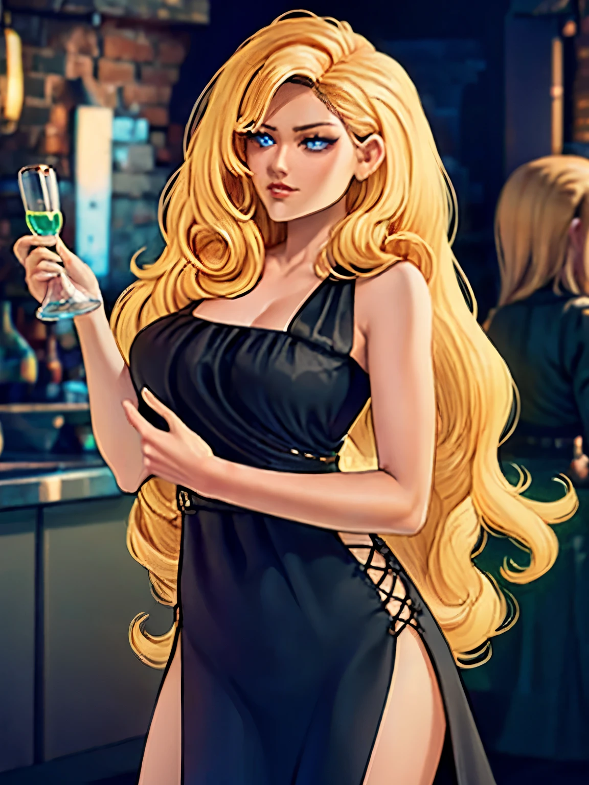 Blonde woman in blue dress sitting on sofa drinking a glass of wine, Style Artgerm, Look at the camera，beautiful and seductive anime woman, Beautiful anime woman, Blonde anime girl with long hair, seductive anime girls, stunning art style, Extremely detailed Artgerm, attractive anime girls, art-style, digital art of an elegant, Beautiful anime girl, High-quality fanart