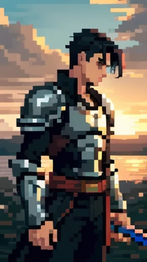 In a realm entirely foreign, the valiant hero of another world, with chiseled jawline and piercing blue eyes, stood tall against the backdrop of a fantastical sunset. His jet-black hair, cascading down to his broad shoulders, gleamed under the golden rays of the setting sun. He wore a tattered yet elegant armor, adorned with intricate designs, and clutched a mighty sword, its blade reflecting the last remnants of daylight. The hero's steely gaze fixed upon the horizon, where an ominous cloud loomed, portending an impending battle.
(Best quality, masterpiece:1.4), (realism