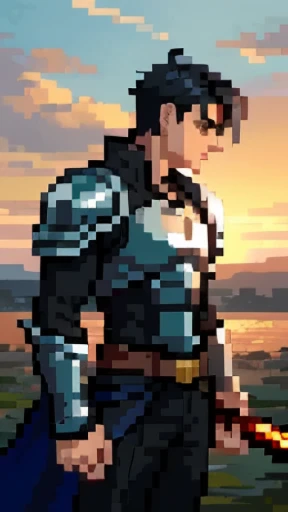 In a realm entirely foreign, the valiant hero of another world, with chiseled jawline and piercing blue eyes, stood tall against the backdrop of a fantastical sunset. His jet-black hair, cascading down to his broad shoulders, gleamed under the golden rays of the setting sun. He wore a tattered yet elegant armor, adorned with intricate designs, and clutched a mighty sword, its blade reflecting the last remnants of daylight. The hero's steely gaze fixed upon the horizon, where an ominous cloud loomed, portending an impending battle.

(Best quality, masterpiece:1.4), (realism