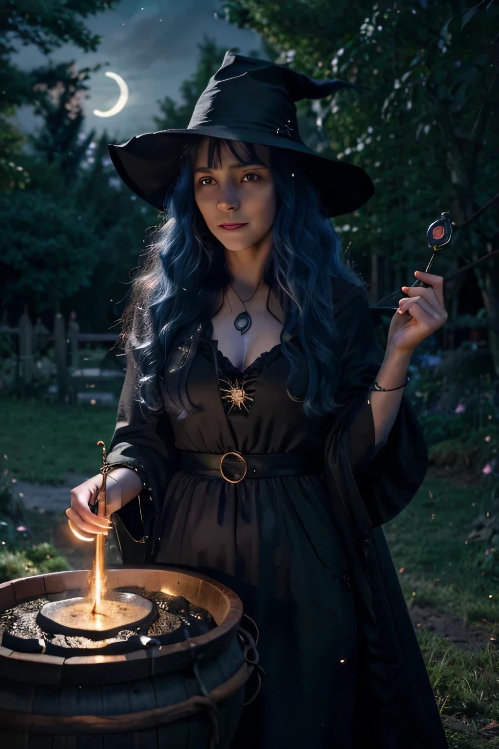 (melhor qualidade,ultra-detalhado),(Realista,photoRealista,photo-Realista:1.37),anime,bruxa,cabelo azul,cabelo longo,Pointy hat,Magia,casting spells,Noite de lua cheia,vassoura voadora,mystic,floresta encantada,witchcraft,estrelas douradas,Varinha Espumante,Manto roxo,misterioso,olhos brilhantes,moonlight reflection,bruxacraft,Lua e estrelas,cabelo encaracolado,fantasia,bruxa's cauldron,spell book,bruxa's familiar,companheiro gato,charme,Manufacture of potions,Moonlit sky,night time,sombra do luar,bruxa hat,bruxa's broom,misterioso aura,Spell,bruxa's staff,Brilho do luar,fantasia world,Paisagem enluarada,lago iluminado pela lua,bosques iluminados pela lua,moonlight Magia,fairy tale celebration