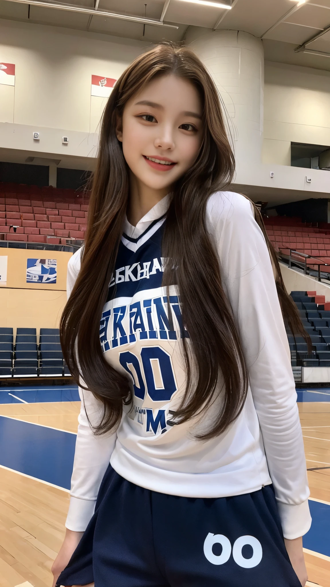(top quality, 8 thousand, masterpiece: 1.3), Beautiful woman with perfect body: 1.4, dark brown hair, wearing a basketball uniform, at the basketball stadium, Highly detailed face and skin, detailed eyes, double eyelid, big, laugh