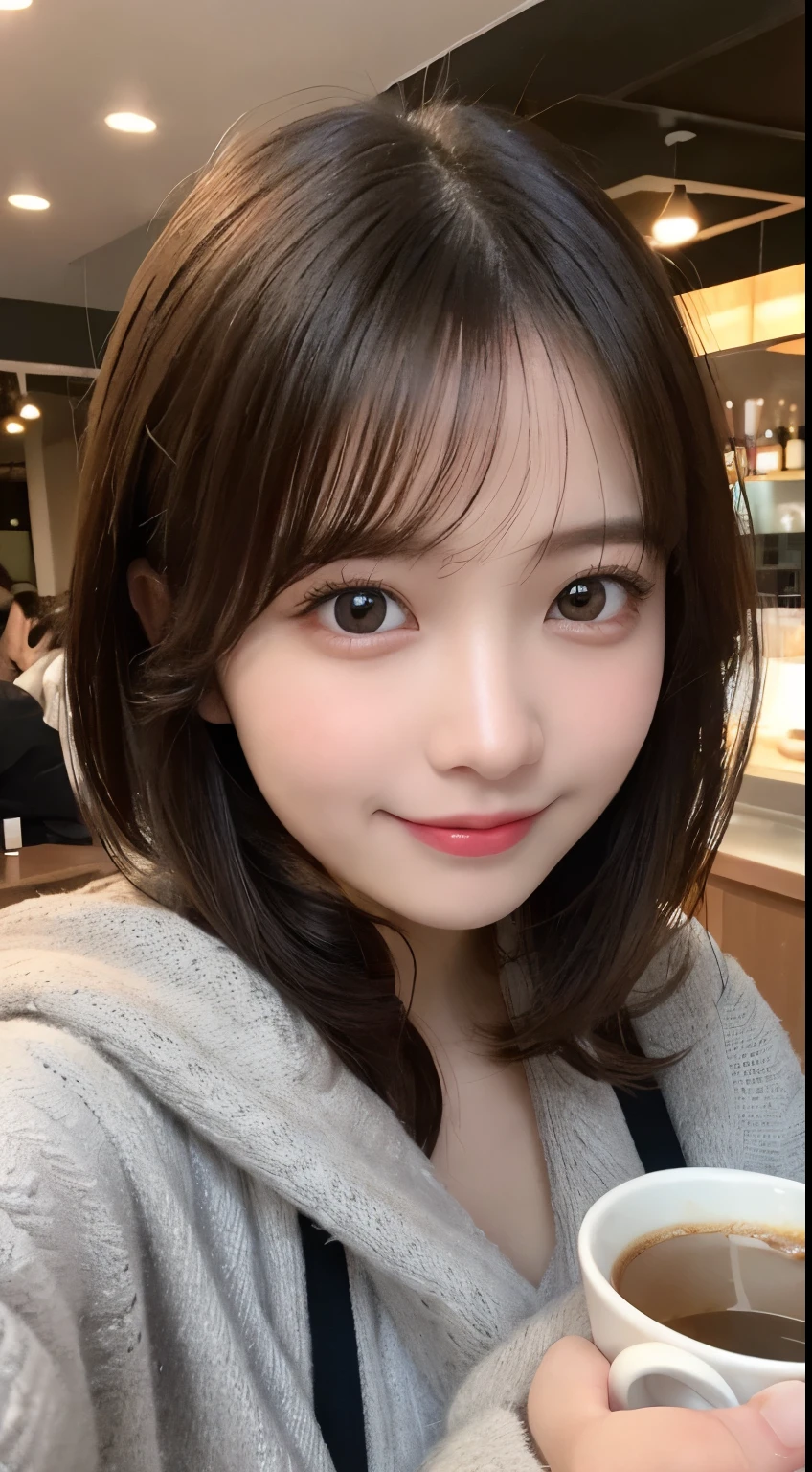 table top, highest quality, figure, super detailed, finely, High resolution, 8k wallpaper, 完璧なダイナミックな構figure, beautiful and fine eyes, Tokyo's latest gray fluffy winter clothes,medium hair,,natural color lip, bold sexy pose,smile,Cafe、20 year old girl、cute、sexy shot looking at camera,Always blur the background,perfect and beautiful face,Take only the face,beautiful and detailed face、slim face and style、anyway, cute顔、drinking coffee