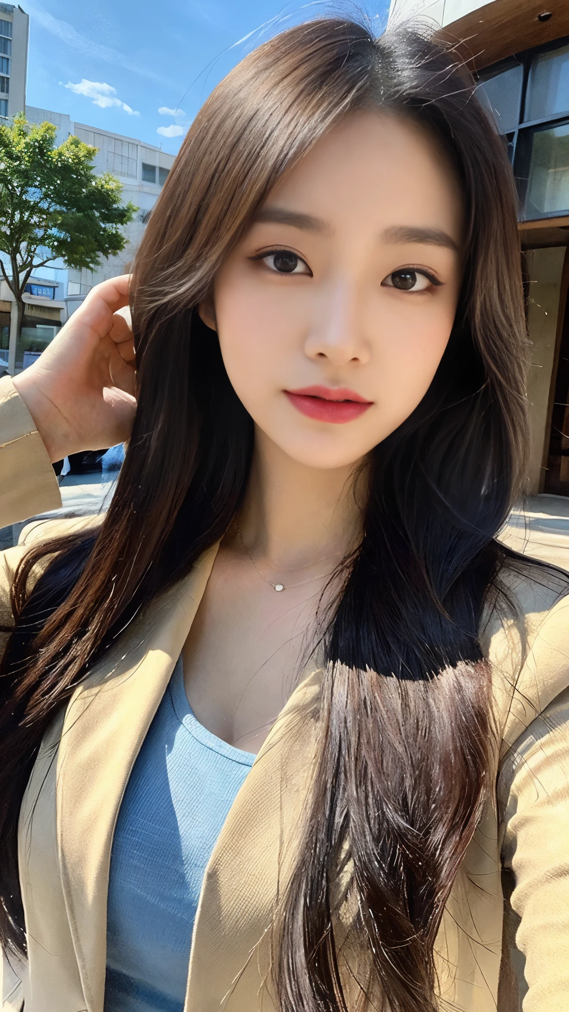 ((top quality, 8 thousand, masterpiece: 1.3)), sharp focus: 1.2, Beautiful woman with perfect body: 1.4, slim abs: 1.2, ((layer cut, big: 1.2)), (Blazer button up shirt over very thin white: 1.1), distance: 1.2, Highly detailed face and skin textures, detailed eyes, double eyelid, Suzu Hirose