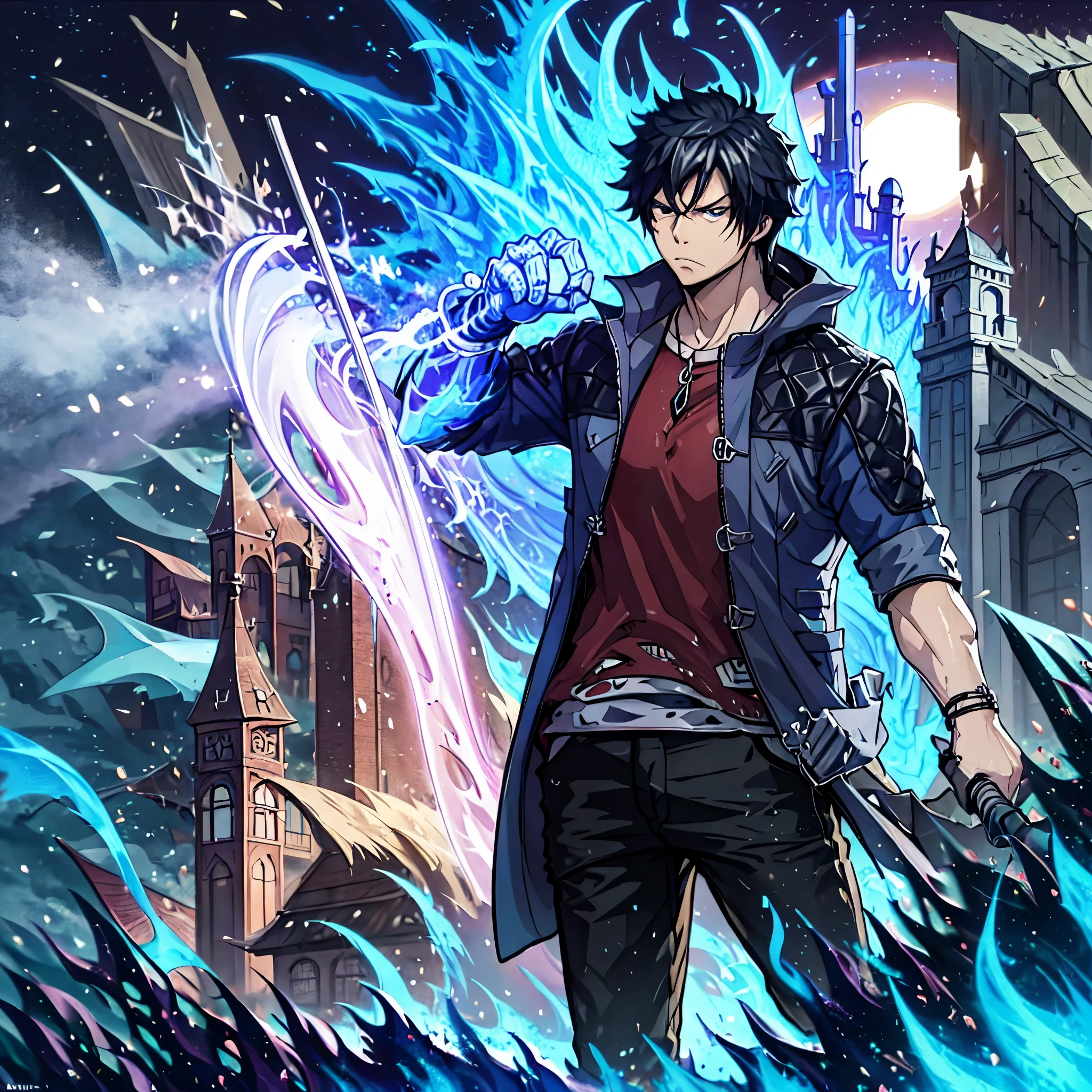 a man punching the ground making a crater in the ground, holding an ice sword, muscular, serious face, black hair, city in ruins
