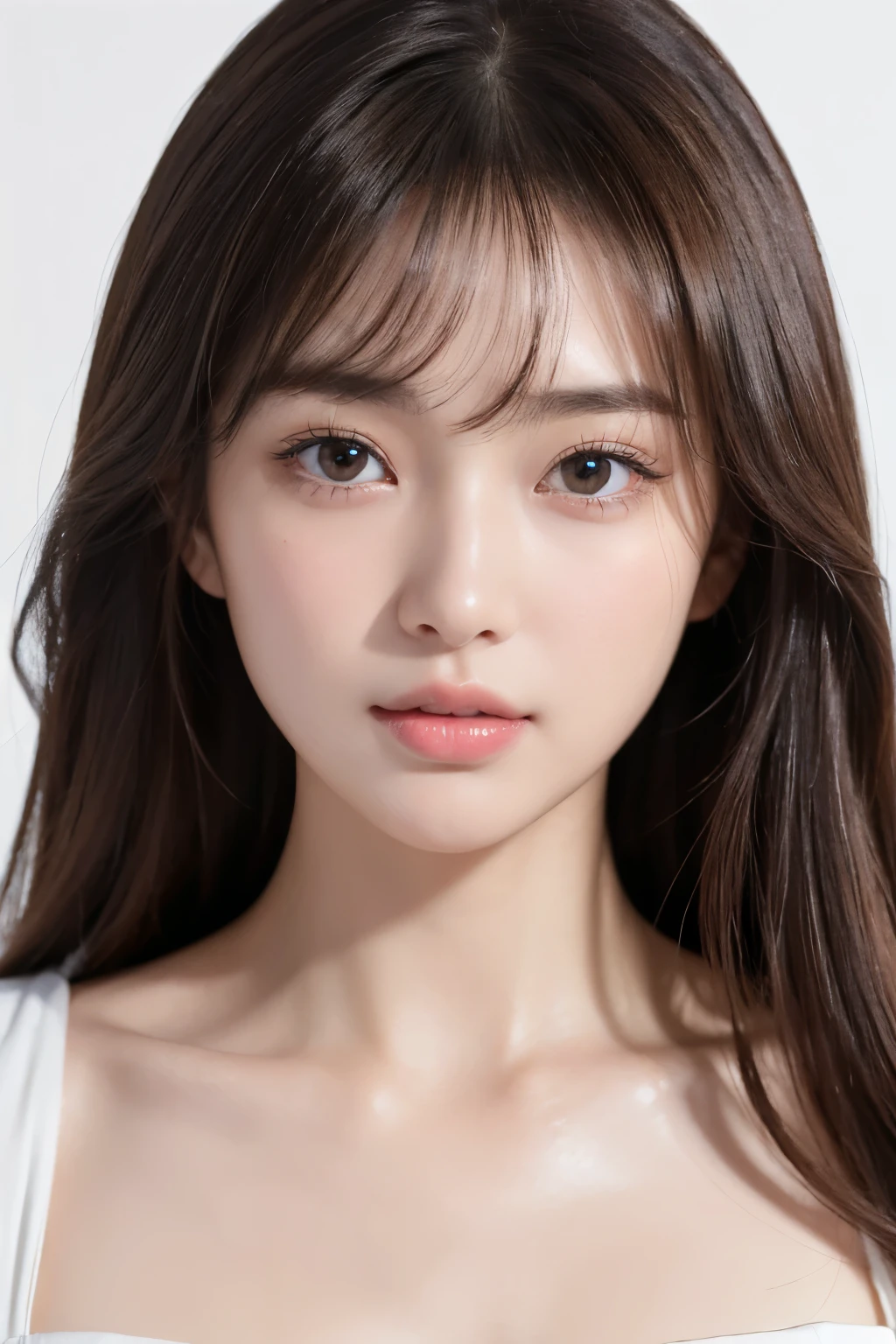 (highest quality、8k、32k、master piece、UHD、:1.2)、super detailed face、detailed eyes、detailed skin、dark brown hair、have bangs、get closer to the face、(shine a light on the skin)、22 year old cute Japanese woman、(very shiny skin)、cheeks with high moisture content、white background