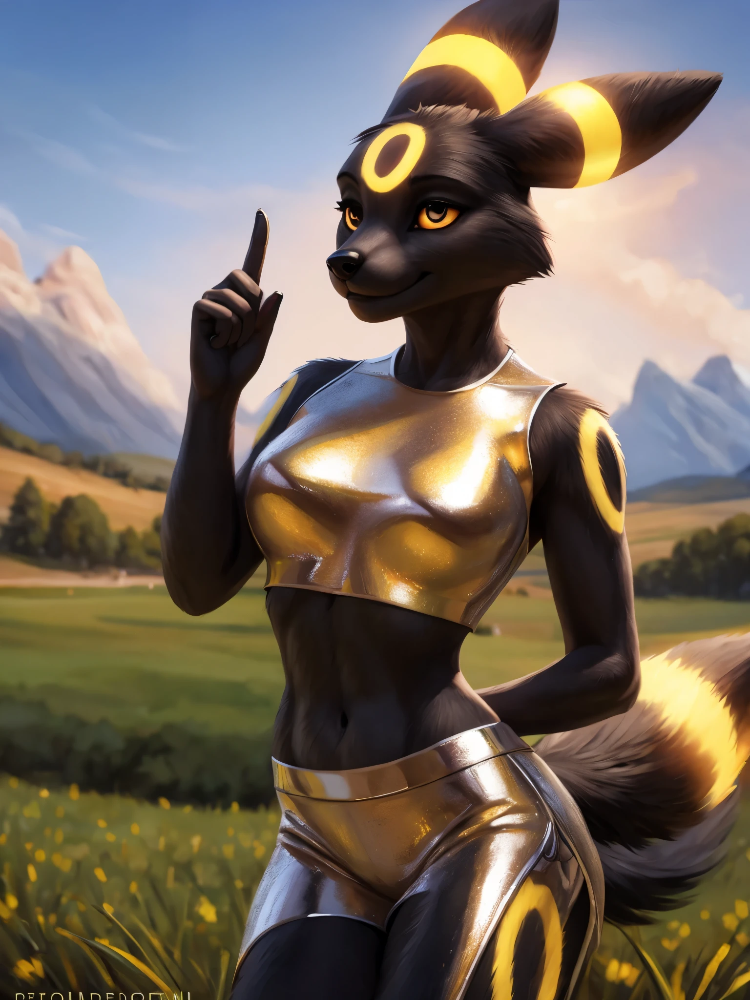 (by pixelsketcher:0.6), (by personalami :0.6), solo, female,Umbreon,canine,detailed background, (cinematic lighting:1.1), (perfect focus:1.1), 8k hd, photo, (detailed eyes:1.2),depth of field, bokeh, subsurface scattering, perfect breasts, wide ,(metallic crop top, metallic shorts), bright colors, (furry detail),detailed background, green field, green landscape,realistic, photorealistic, ultra realistic,realistic, photorealistic,smile,(fur),(realistic furry:1.1),(tail), (extreme furry detail:1.2),yellow eyes,solo,