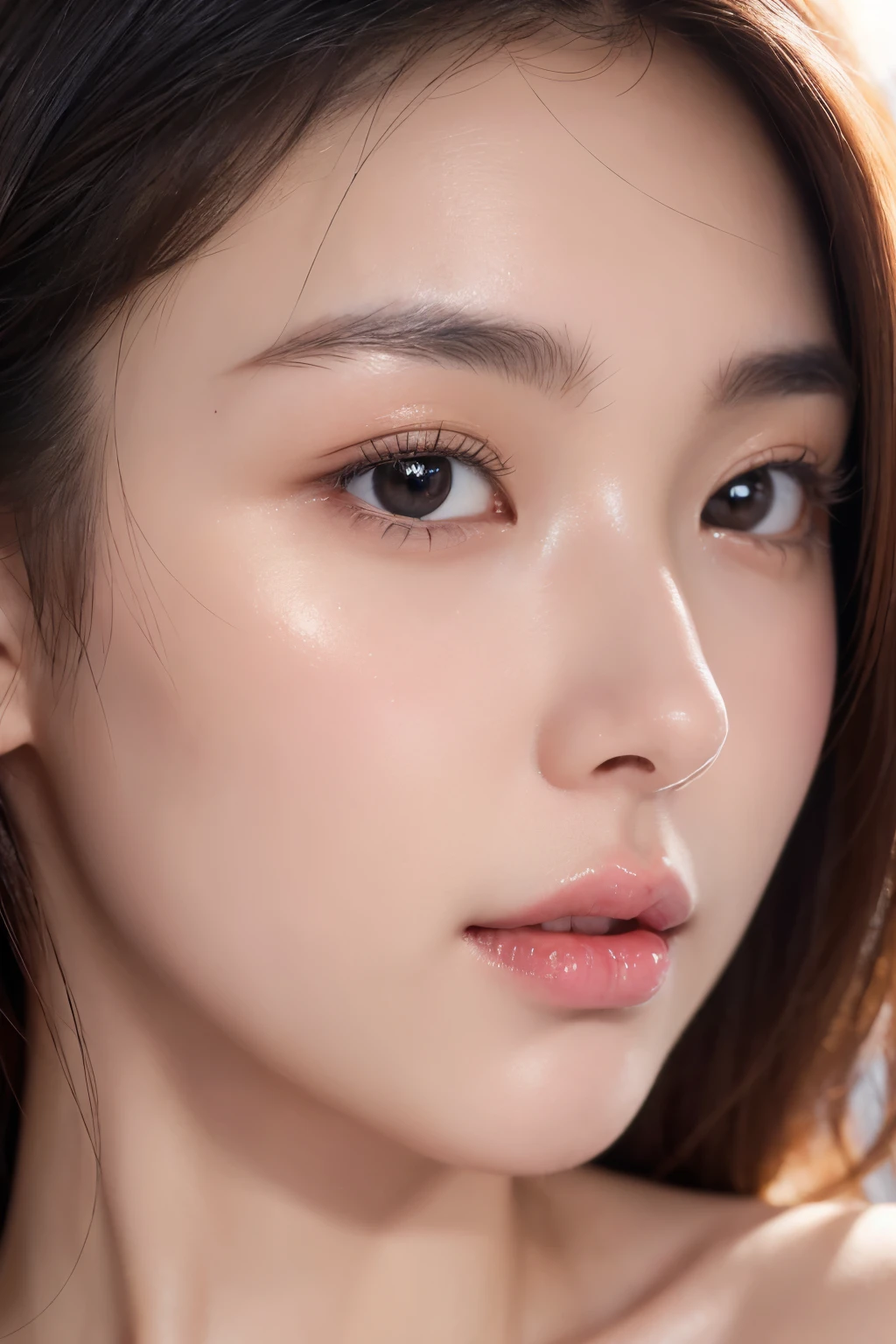 (highest quality、8k、32k、master piece、UHD、:1.2)、super detailed face、detailed eyes、detailed skin、Close-up of the nose、(shine a light on the skin)、22 year old cute Japanese woman、photograph、(very shiny skin)、cheeks with high moisture content