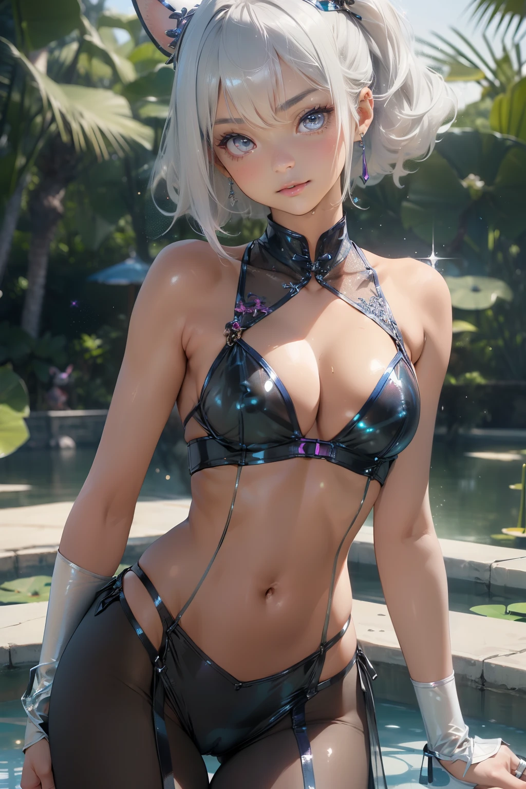 (quality)), ((masterpiece)), Recommended results、puffy nipples、(see through:1.5)、straighten your back、abdominal muscles、huge bust、angle to floor:1.2、Low photographic angle、Hair loss on crotch,Hatsune Miku,(girl),charming姿态),(big breasts:1.4),Breast sagging,,Colored inner hair,short hair,))),, Manipulator:1.5)),((silver armor dress,),((:1.5,Body:1.5,metal skin,Mechanical joint: 1.4,mechanical limbs)),(((pale nipples,(fat)),(((skin shiny:1.5,bright skin: 1.5,skin shiny,very skin shiny,plastic glitter skin)),(lower abdomen,Yao Liu,wide hips,detailed Body,(Detailed face)),charming,debauchery,Tempting,Delicate metal decoration,sleeveless,cheongsam,,cute round face,Kung Fu Rabbit,Beside the lotus pond