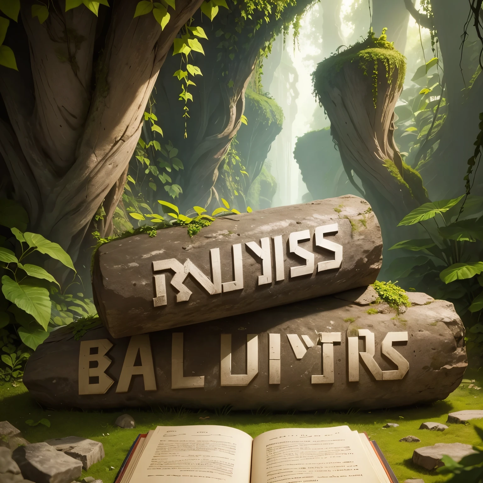 best quality, text: “balus”, ancient letters written in stone, font design, background jungle full of trees and ivy