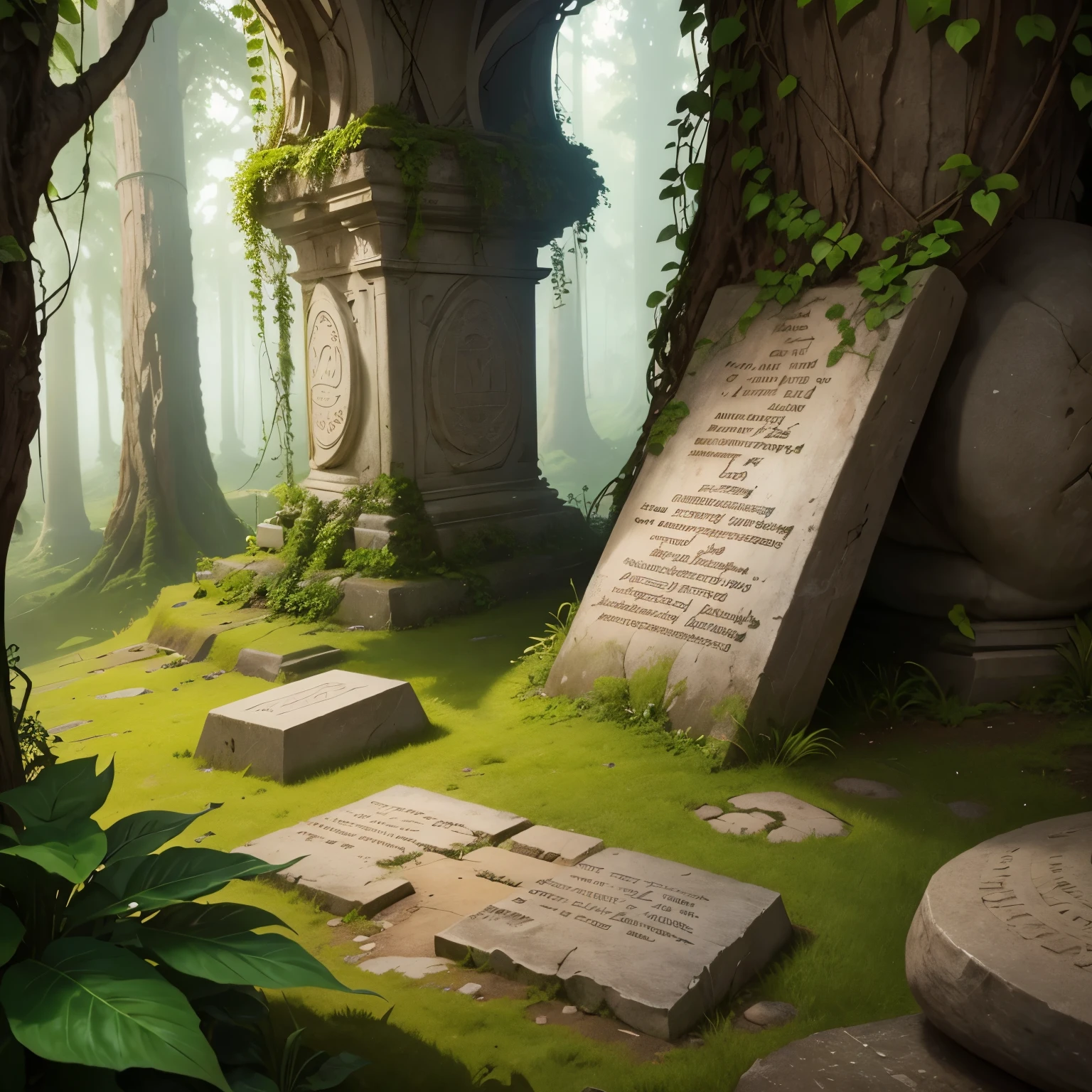 best quality, text: “balus”, ancient letters written in stone, font design, background jungle full of trees and ivy