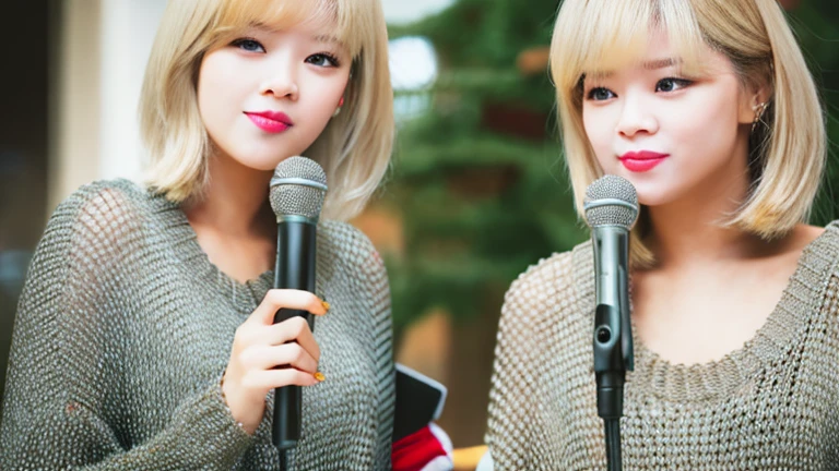 2 girls holding microphones performing a duet on concert stage, hands holding microphone, twjeong, clonealike, 2girls, identical, twins, duplicate, blonde hair, bob haircut, happy, coat, brown coat, shorts, gorgeous, beautiful, realistic face, korean face, female korean, korean idol, korean face features, ultradetailed, detailed image, photo, photorealistic image