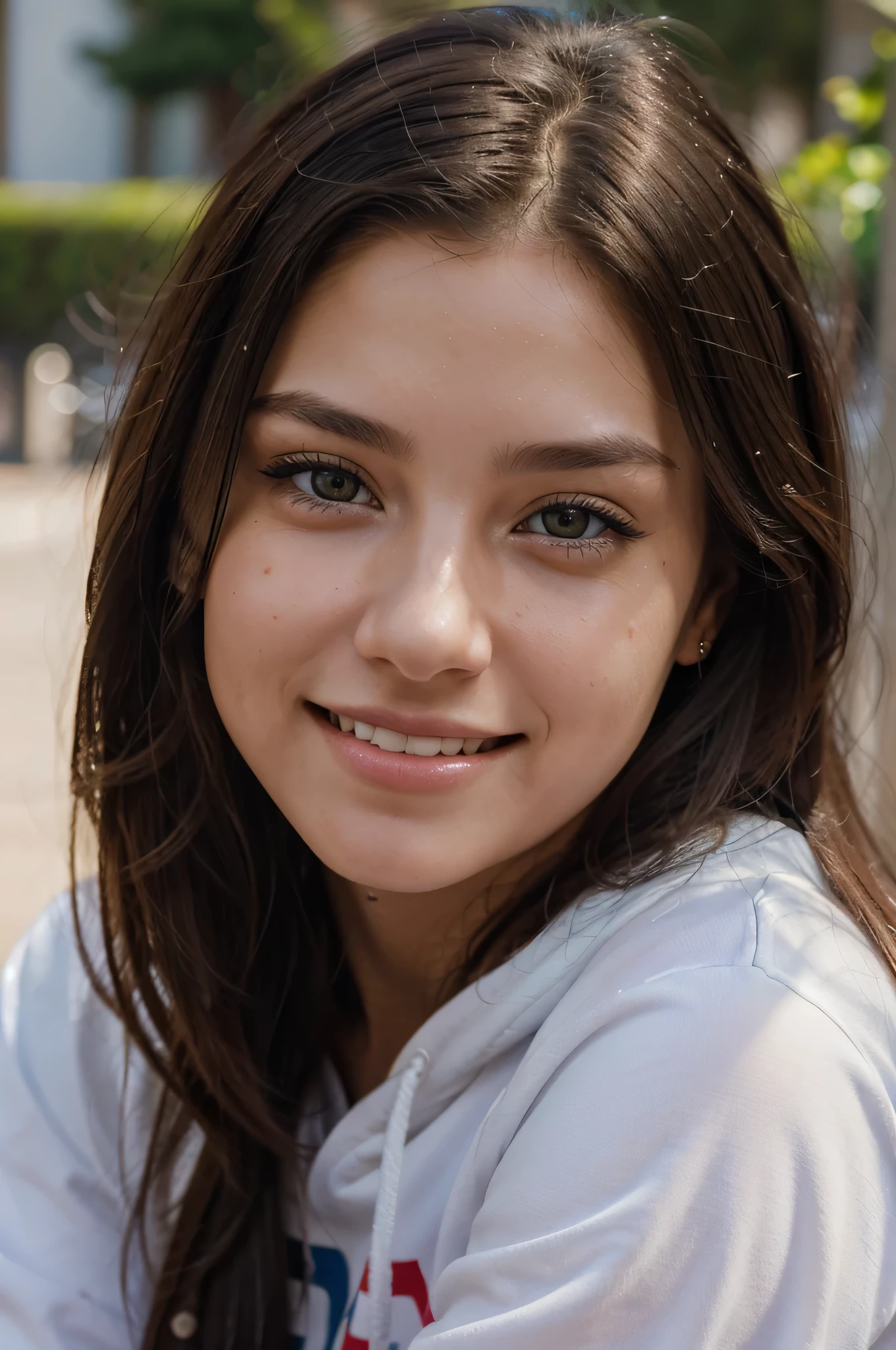 close-up portrait of girl with a cute smile, realistic, photorealistic, rich colors, depth of field, wearing a sweatshirt, detailed skin pores, hyper-realistic skin, intricate details, best quality, 8k, highres, UHD, sharp focus, natural lighting, f/2.8, 35mm, film grain, black hair, long hair, undercut, attractive girl happy, amber eyes,