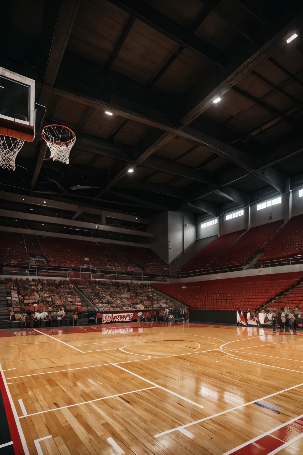 Mainly red,basketball court, (high resolution), (8k), (Extremely detailed), (Best Illustration), (best quality), (Super detailed), (tmasterpiece), ultra high definition, masterpiece, Ultra-detailed, High details , High, best quality, high quality