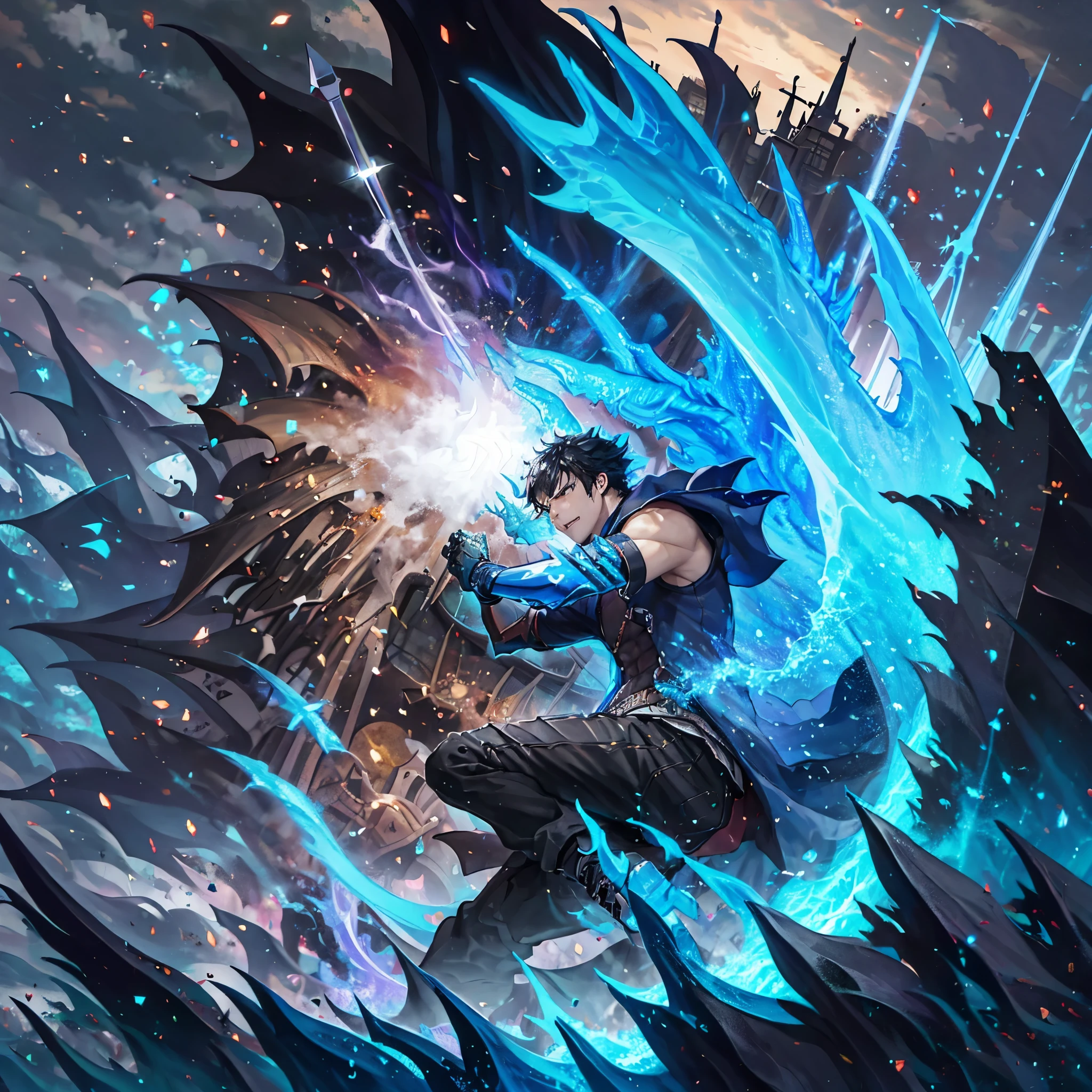 a man punching the ground making a crater in the ground, holding an ice sword, muscular, serious face, black hair, city in ruins
